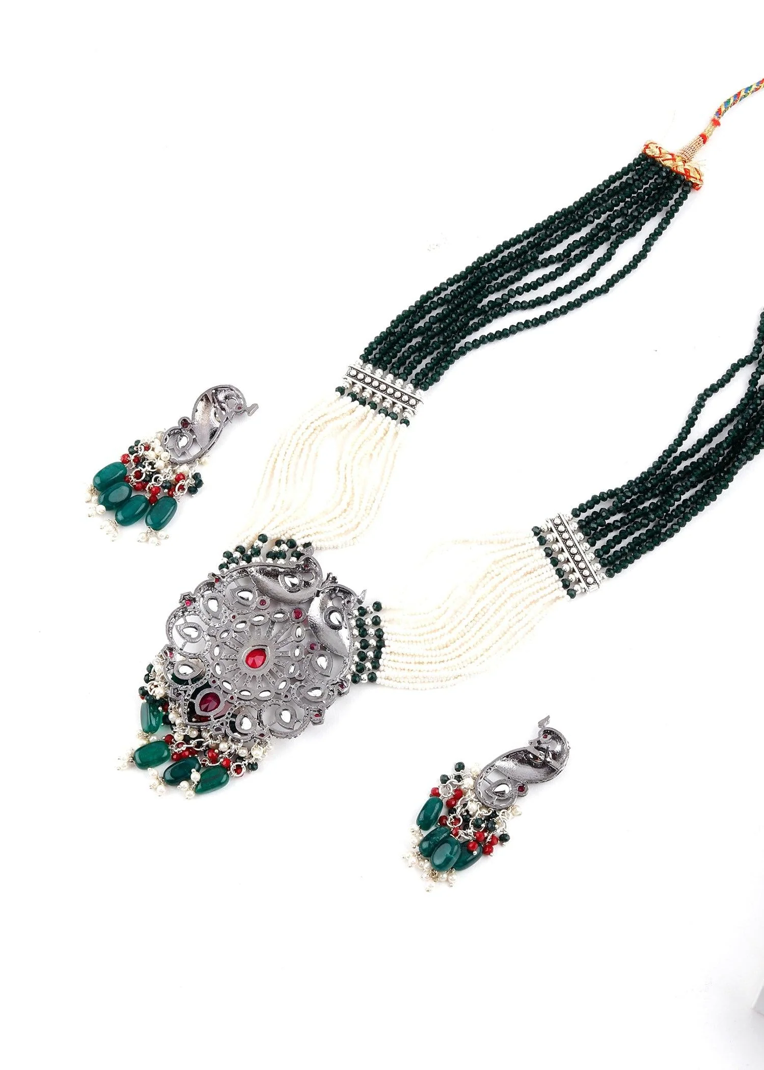 Odette Women Silver Peacock Rani Haar Necklace Set - Image 5