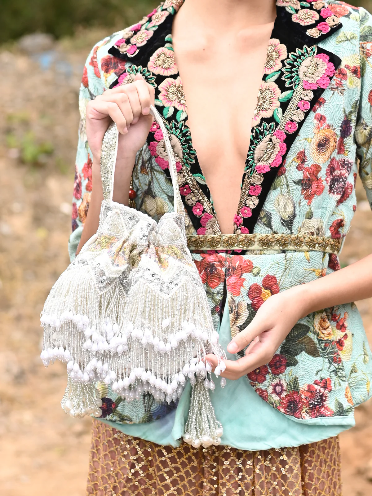 Odette Women Silver Tassel Potli Bag - Image 2