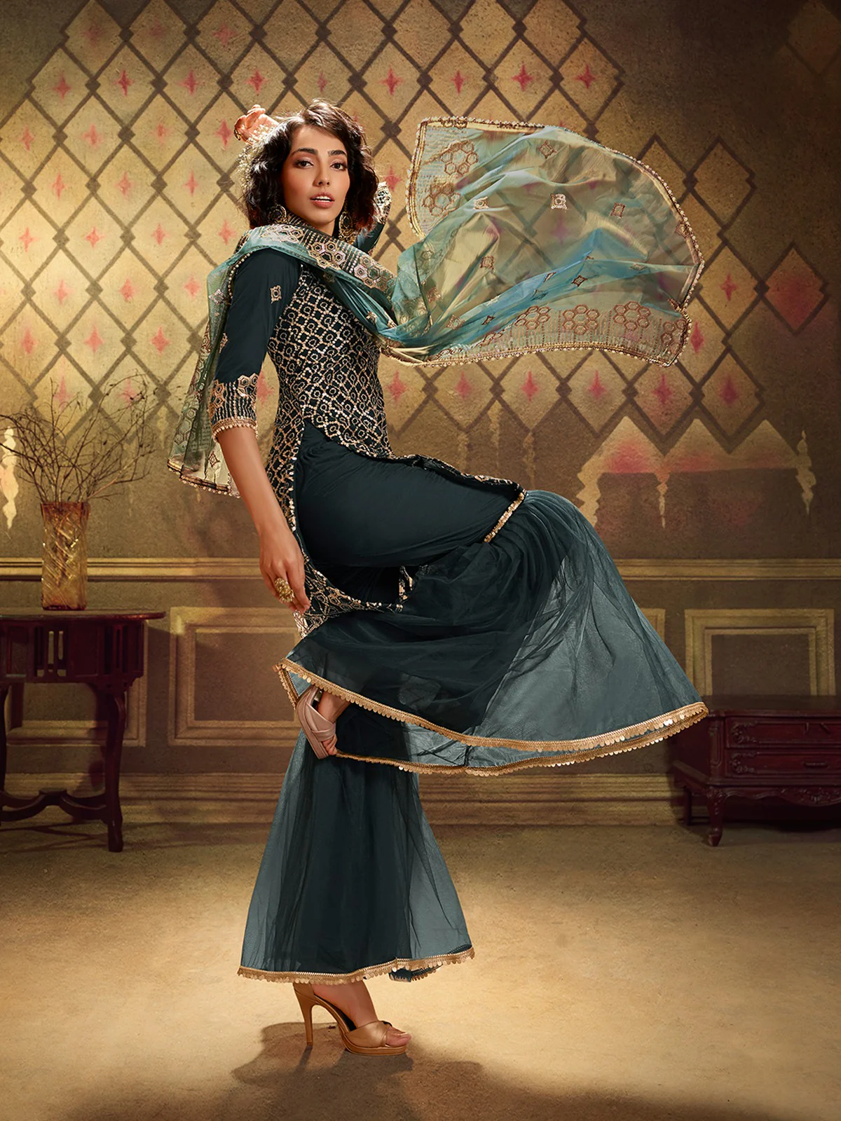 Odette Women Simple Teal Soft Net Semi Stitched Kurta Set - Image 2