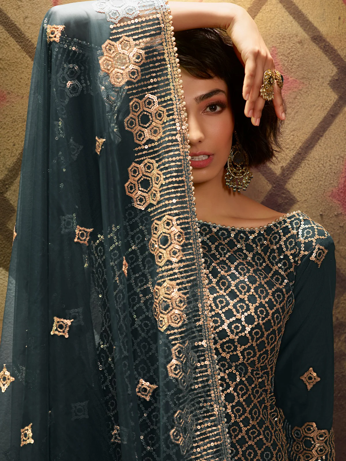 Odette Women Simple Teal Soft Net Semi Stitched Kurta Set - Image 4