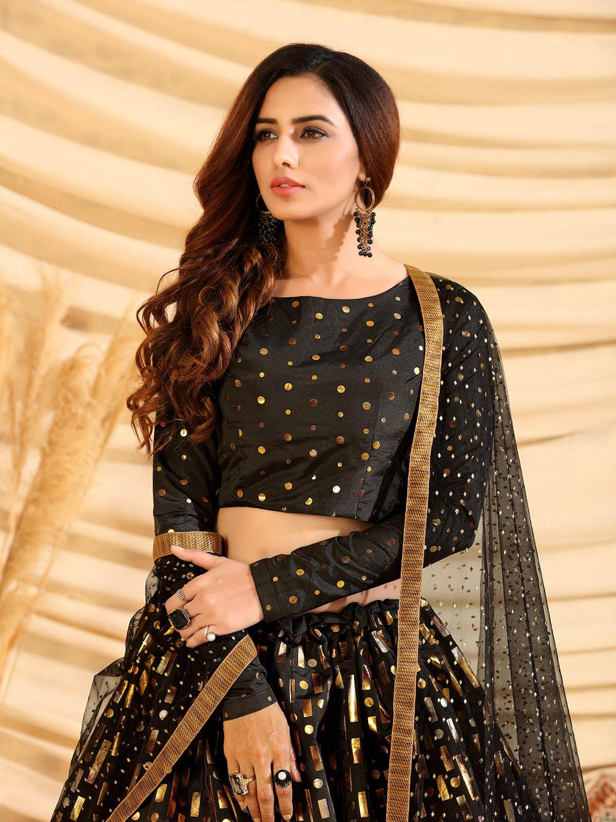 Odette Women Sizzling Black Tafetta Silk Semi Stitched Lehenga With  Unstitched Blouse - Image 4