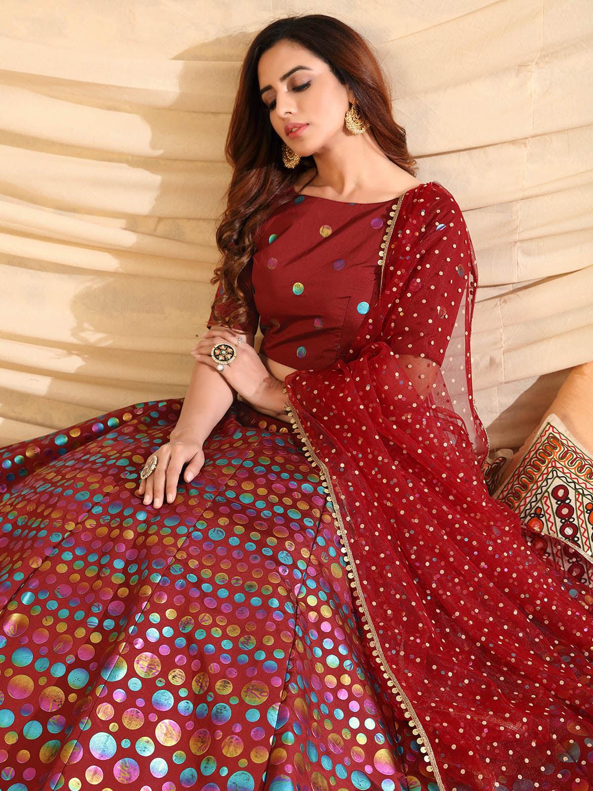 Odette Women Sizzling Maroon Tafetta Silk Semi Stitched Lehenga With  Unstitched Blouse - Image 2