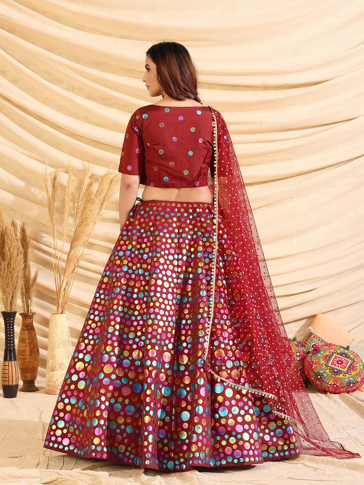 Odette Women Sizzling Maroon Tafetta Silk Semi Stitched Lehenga With  Unstitched Blouse - Image 4