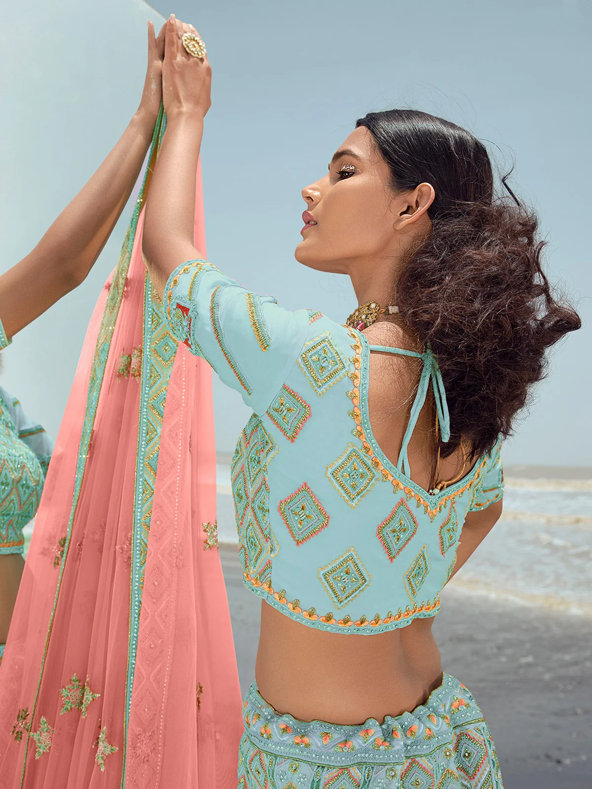 Odette Women Light Blue Georgette Semi Stitched Lehenga With Unstitched Blouse - Image 3