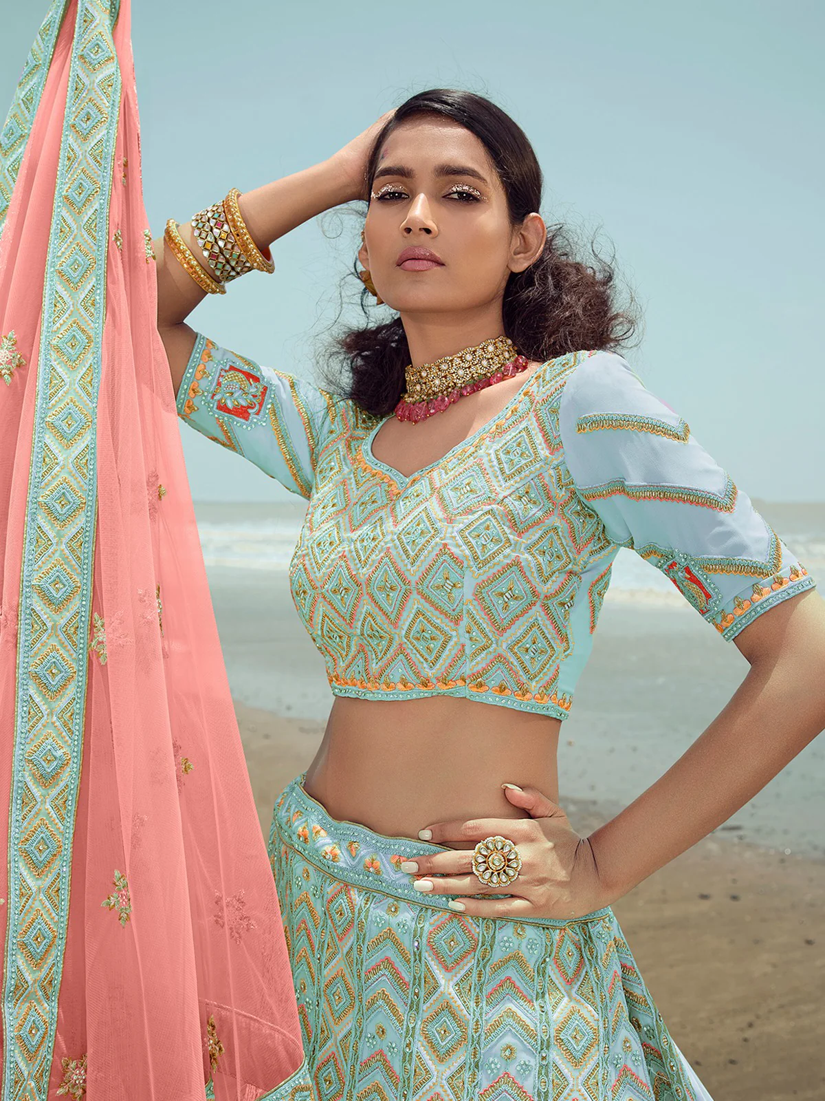 Odette Women Light Blue Georgette Semi Stitched Lehenga With Unstitched Blouse - Image 4