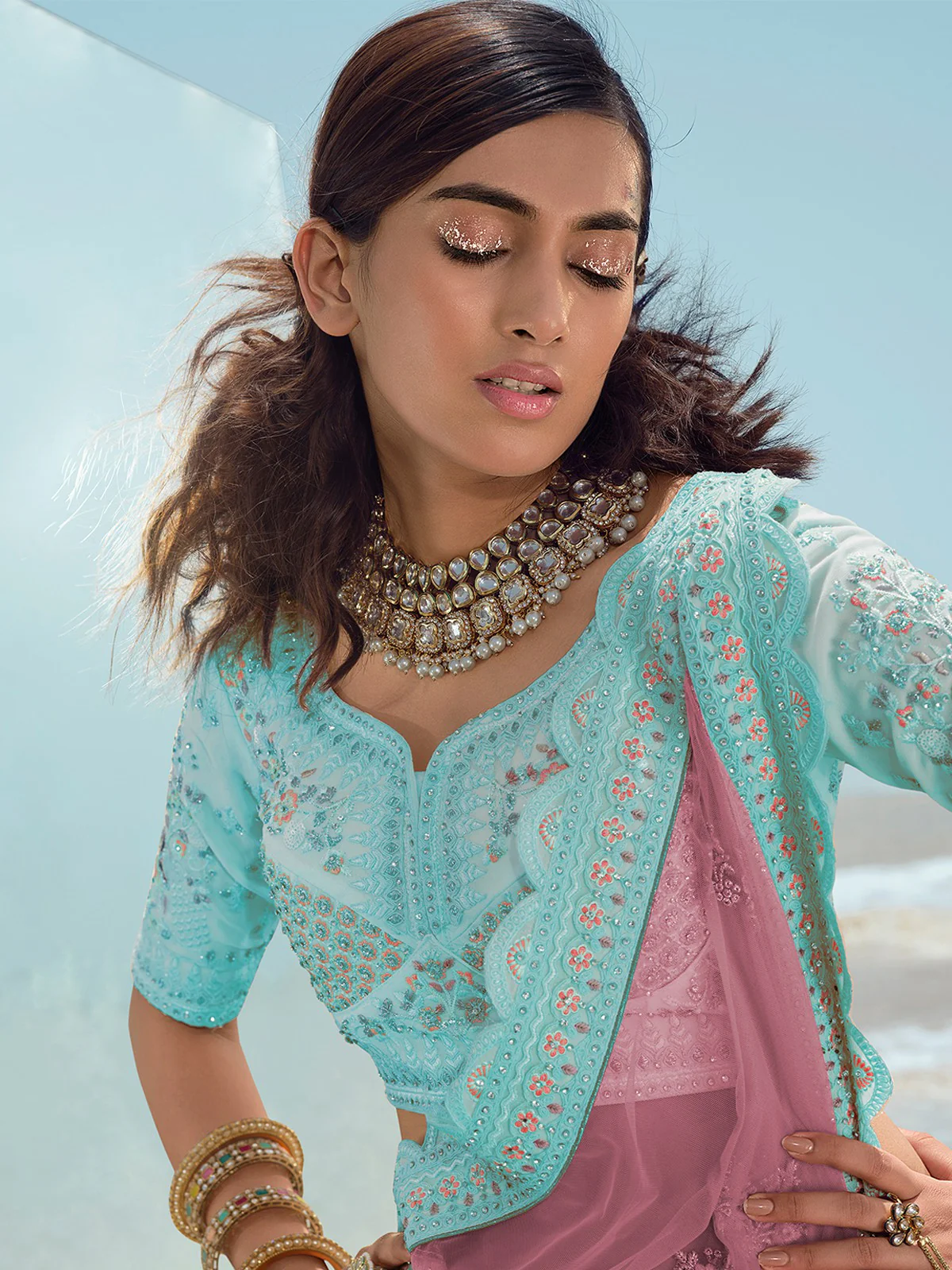 Odette Women Light Blue Embroidered Georgette Semi Stitched Lehenga With Unstitched Blouse - Image 2