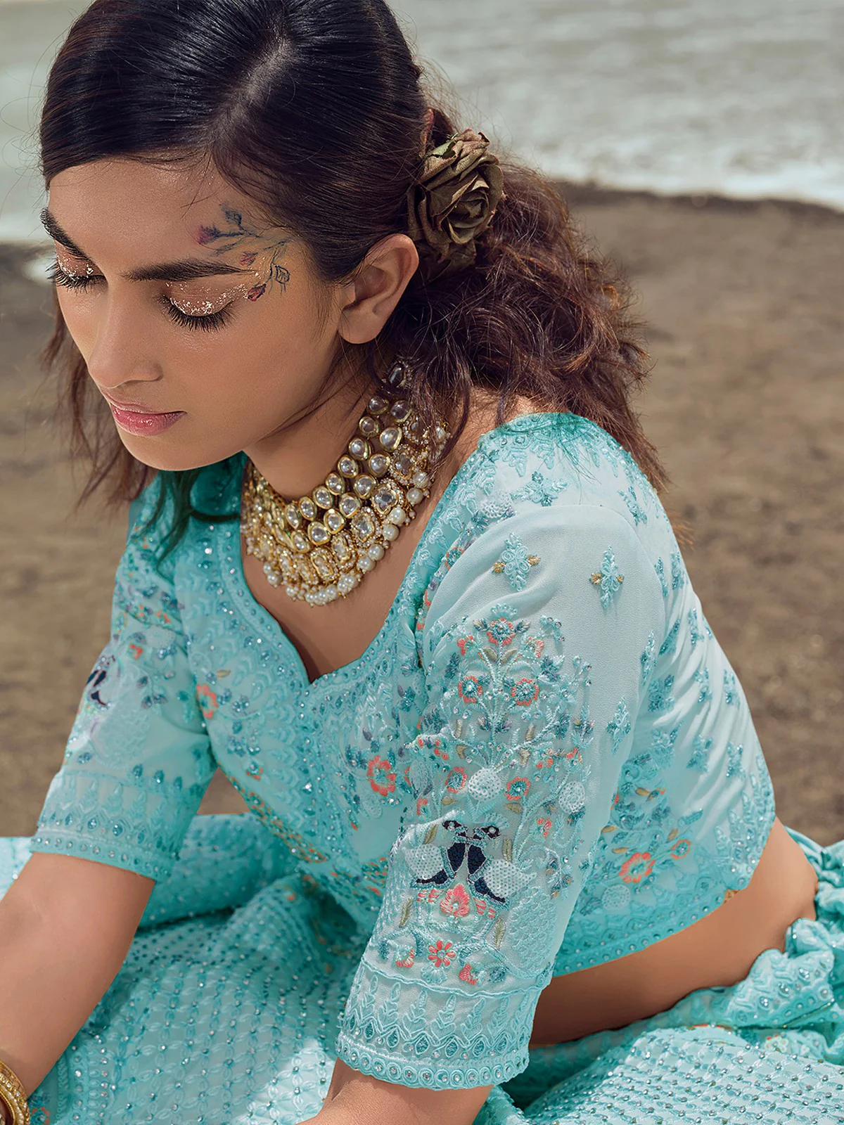 Odette Women Light Blue Embroidered Georgette Semi Stitched Lehenga With Unstitched Blouse - Image 3