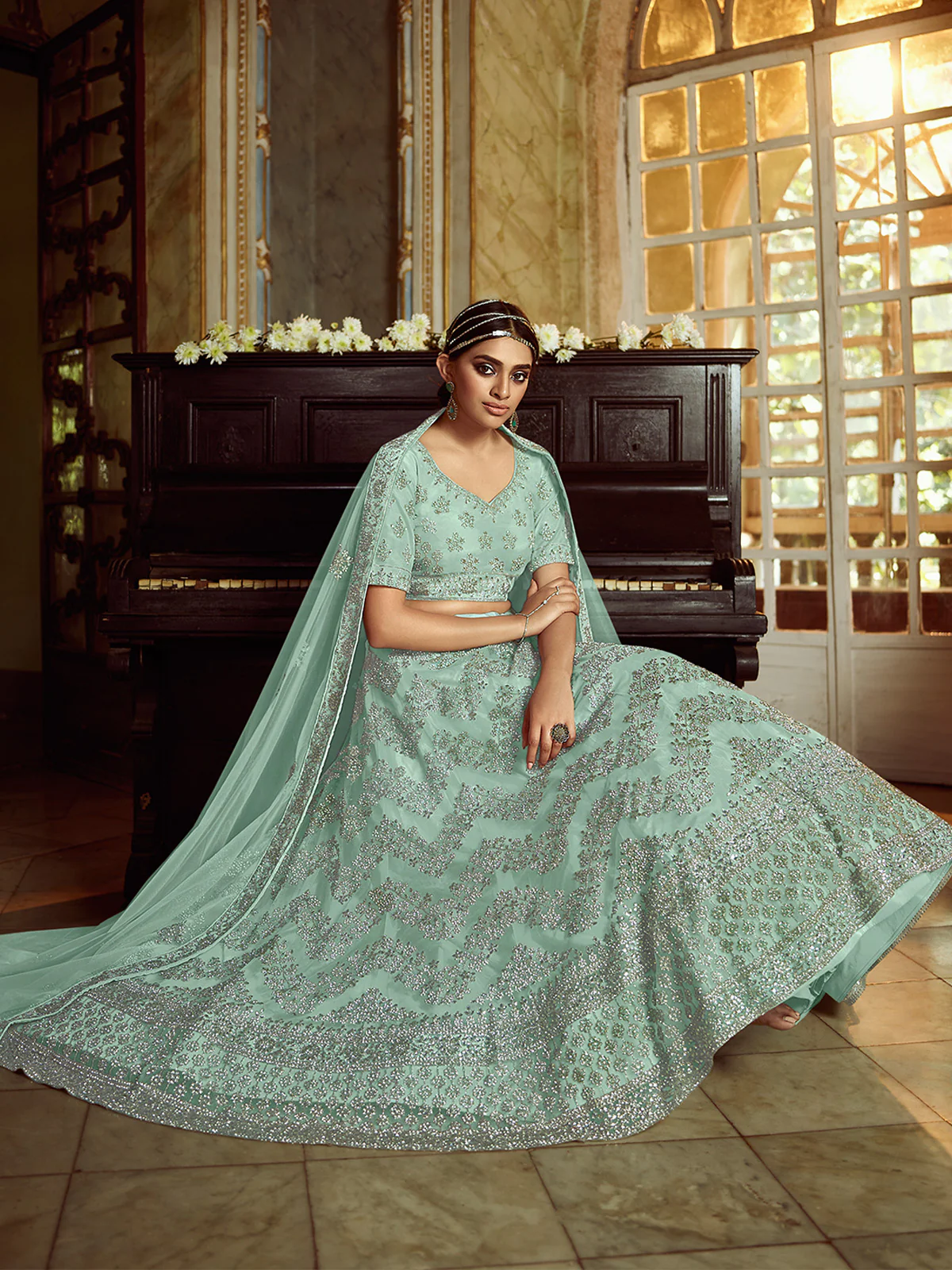 Odette Women Sea Green Soft Net Embroidered Semi Stitched Lehenga With Unstitched Blouse - Image 2