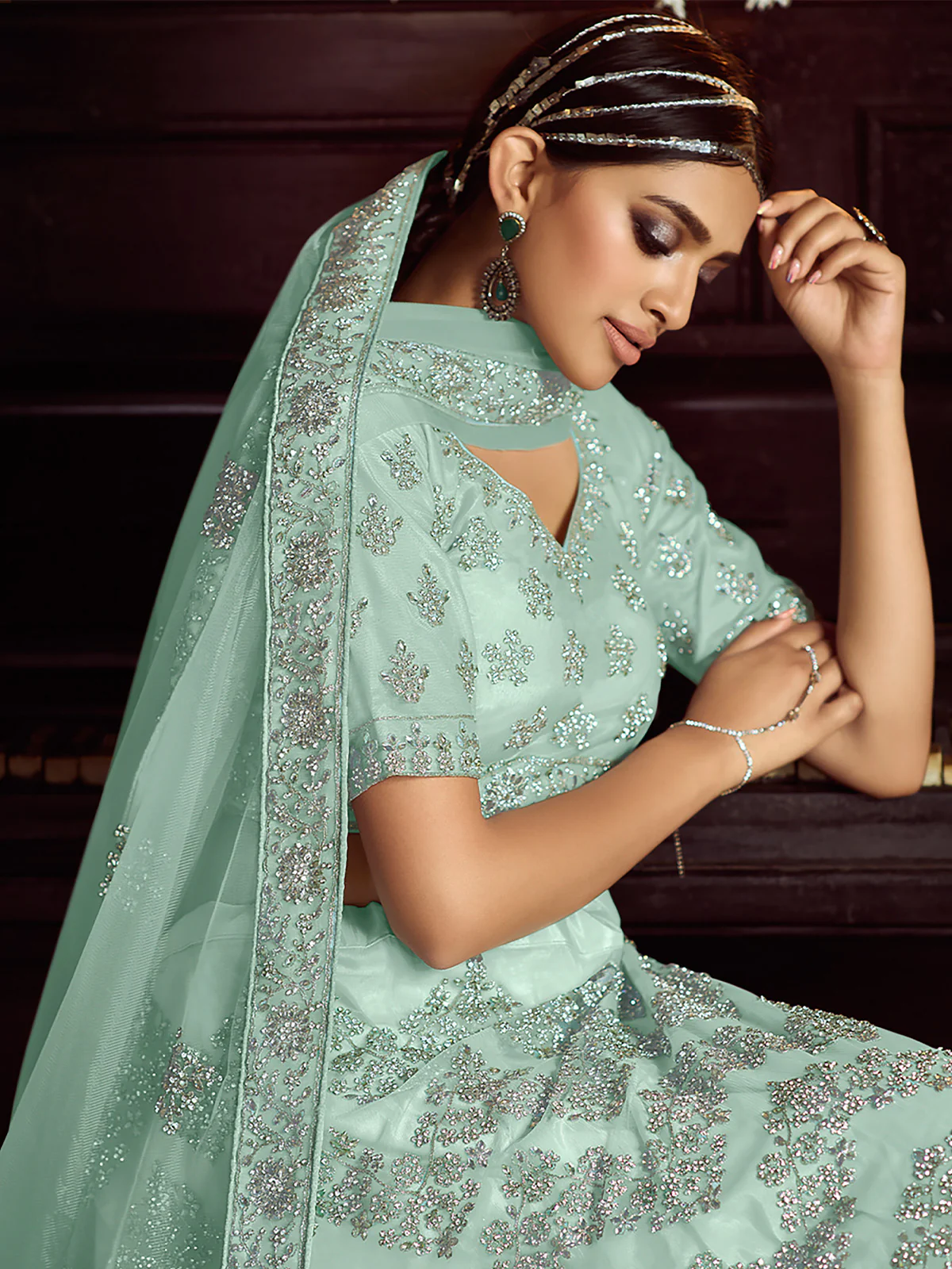 Odette Women Sea Green Soft Net Embroidered Semi Stitched Lehenga With Unstitched Blouse - Image 3