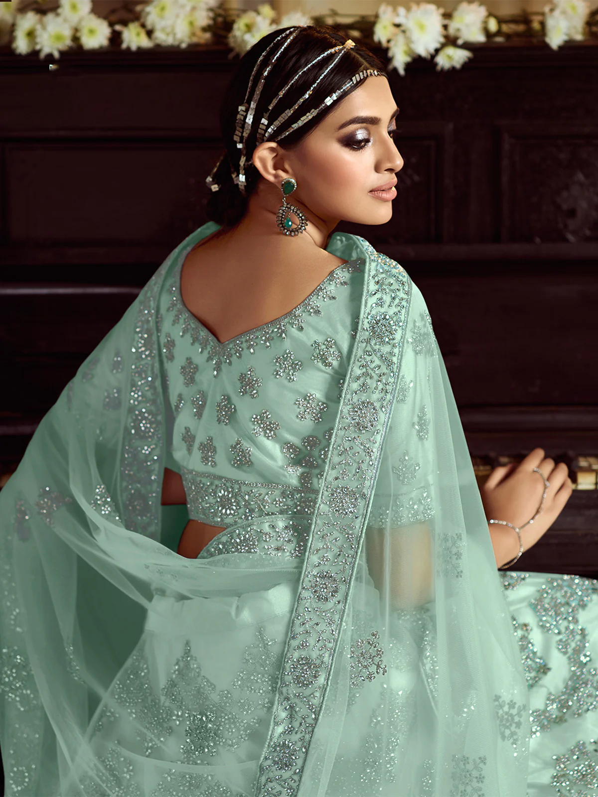 Odette Women Sea Green Soft Net Embroidered Semi Stitched Lehenga With Unstitched Blouse - Image 4