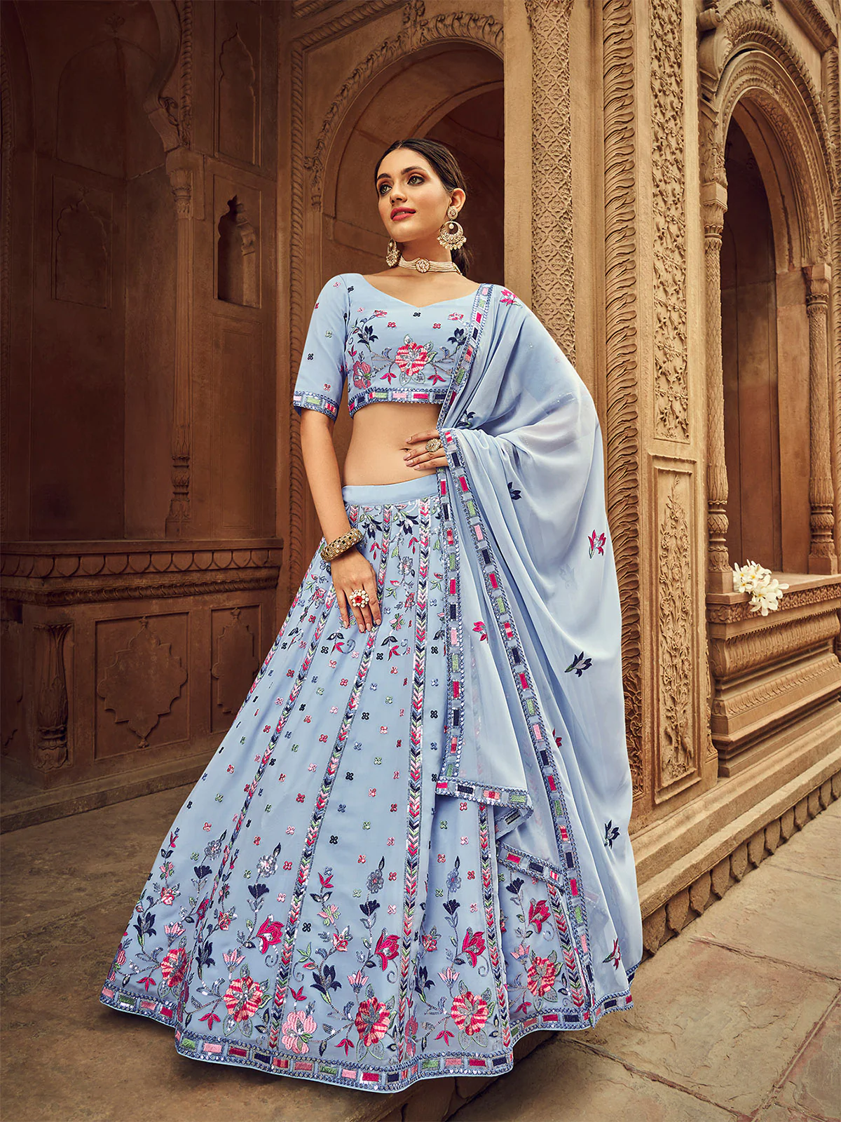 Odette Women Sky Blue Embroidered Festive Semi Stitched Lehenga With  Unstitched Blouse - Image 2