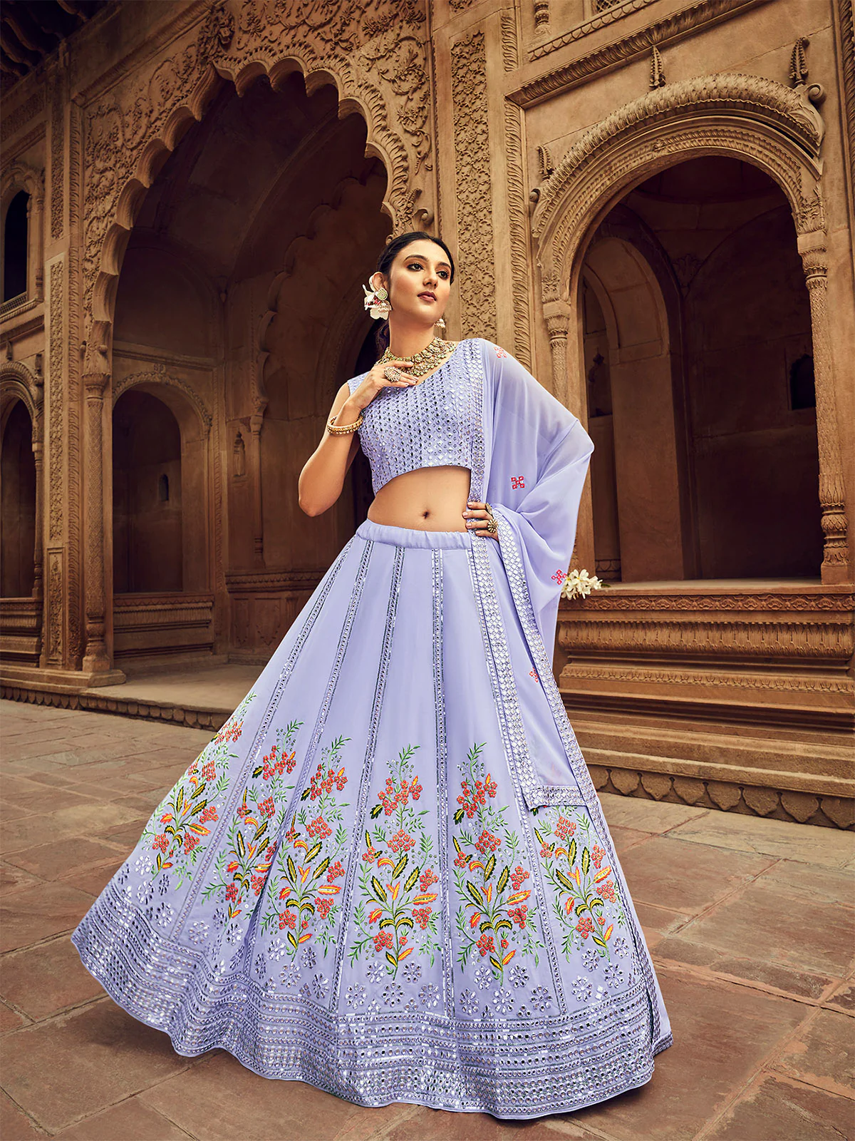 Odette Women Sky Blue Embroidered Festive Semi Stitched Lehenga With  Unstitched Blouse - Image 2