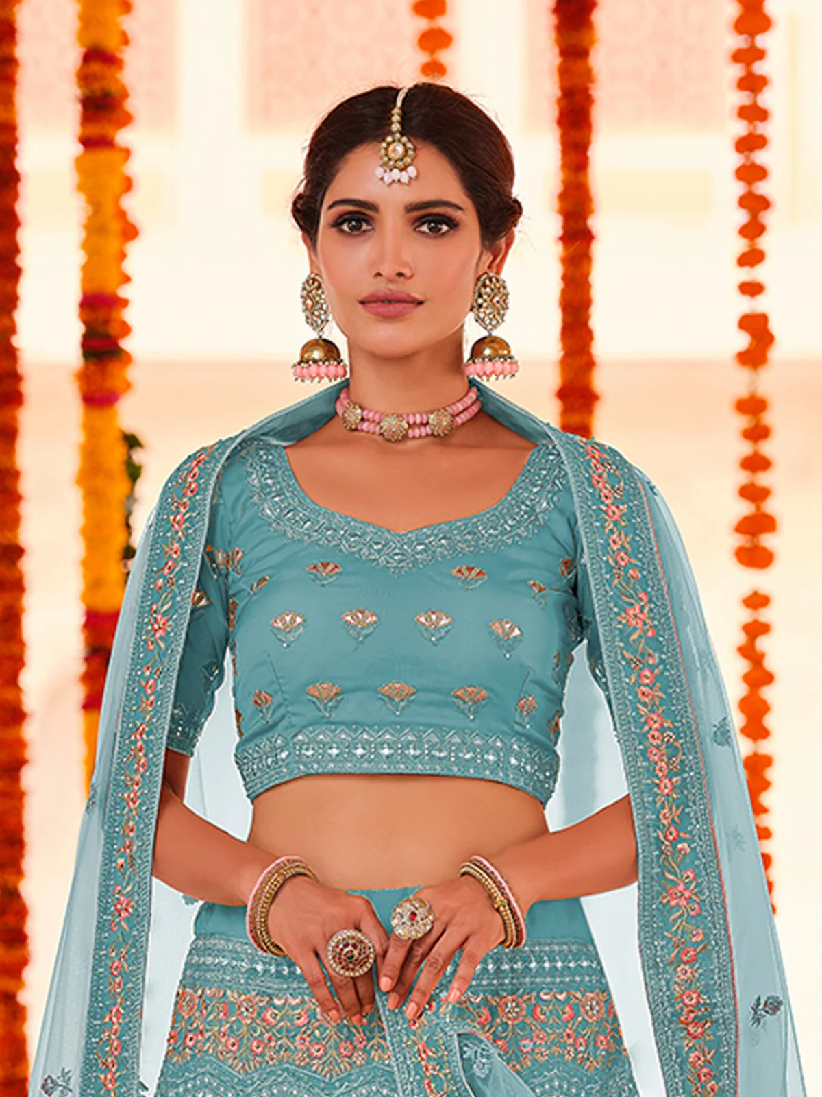 Odette Women Light Blue Embroidered Organza Semi Stitched Lehenga With Unstitched Blouse - Image 2