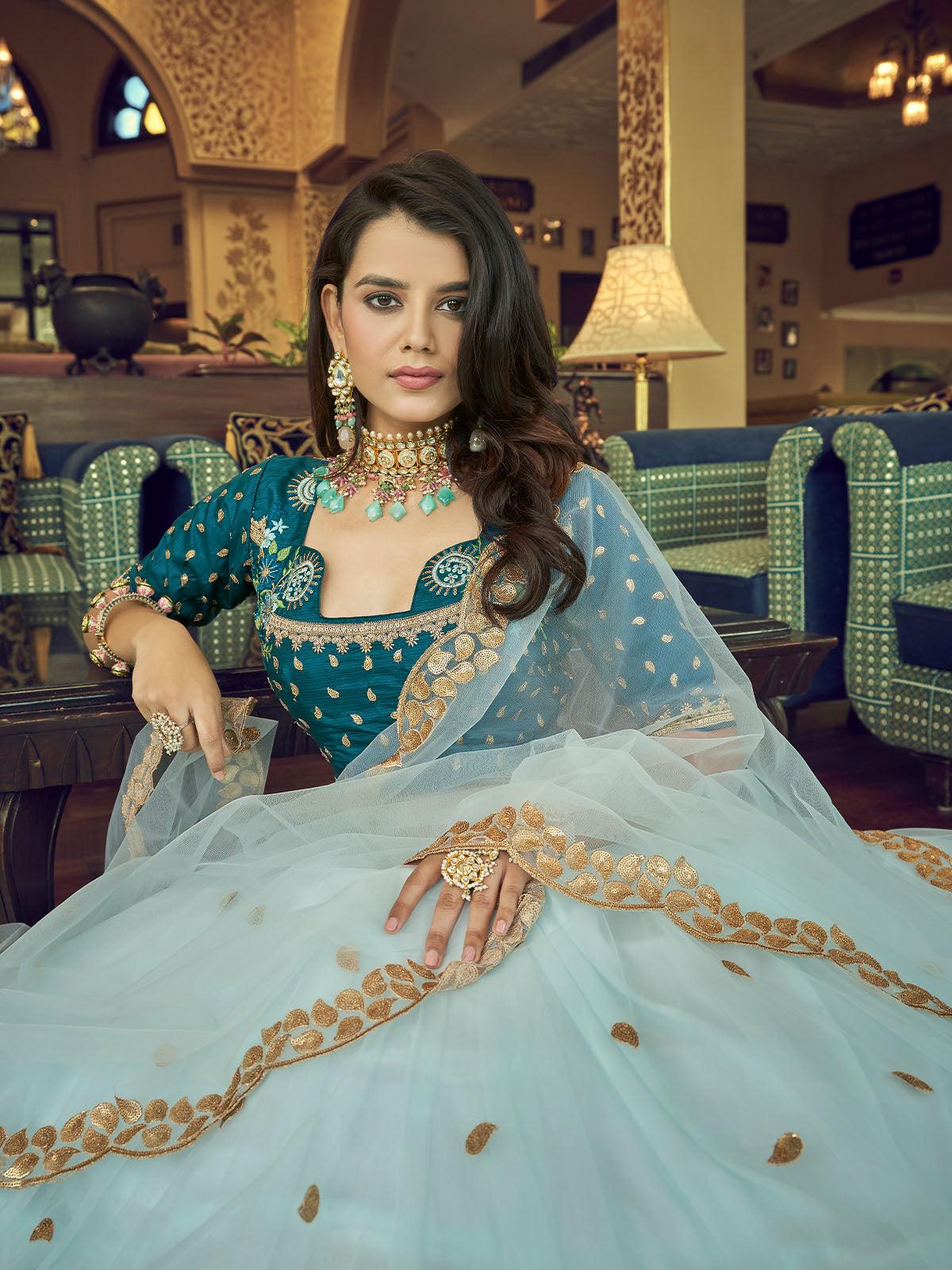 Odette Women Sky Blue Heavy Net Designer Semi Stitched Lehenga With Unstitched Blouse - Image 4