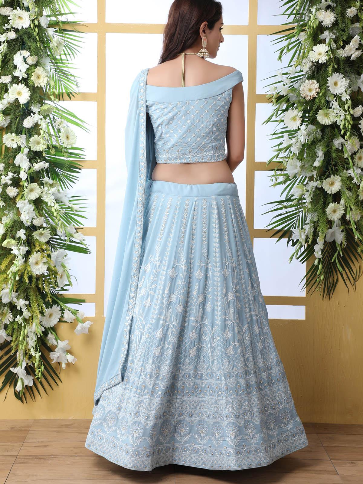 Odette Women Sky Blue Sequins Georgette Semi Stitched Lehenga With  Unstitched Blouse - Image 2