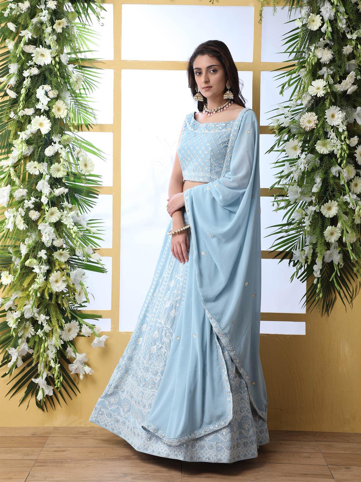 Odette Women Sky Blue Sequins Georgette Semi Stitched Lehenga With  Unstitched Blouse - Image 5