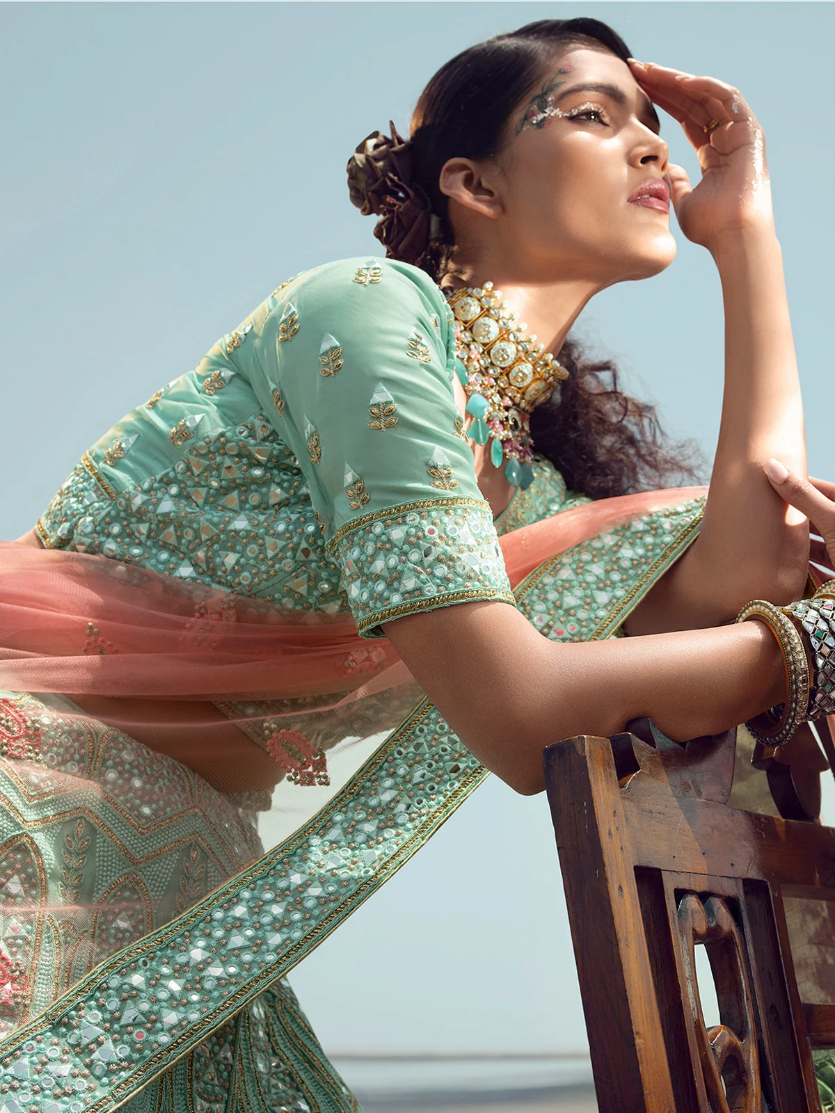 Odette Women Sea Green Embroidered Organza Semi Stitched Lehenga With Unstitched Blouse - Image 4