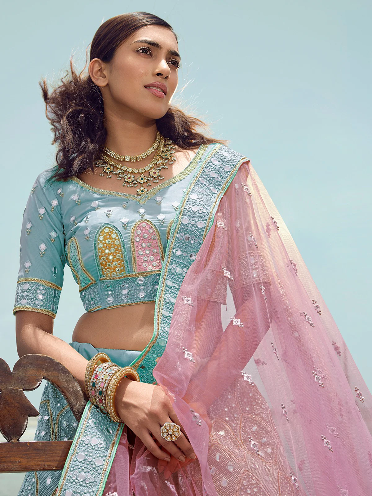 Odette Women Light Blue Georgette Semi Stitched Lehenga With Unstitched Blouse - Image 2