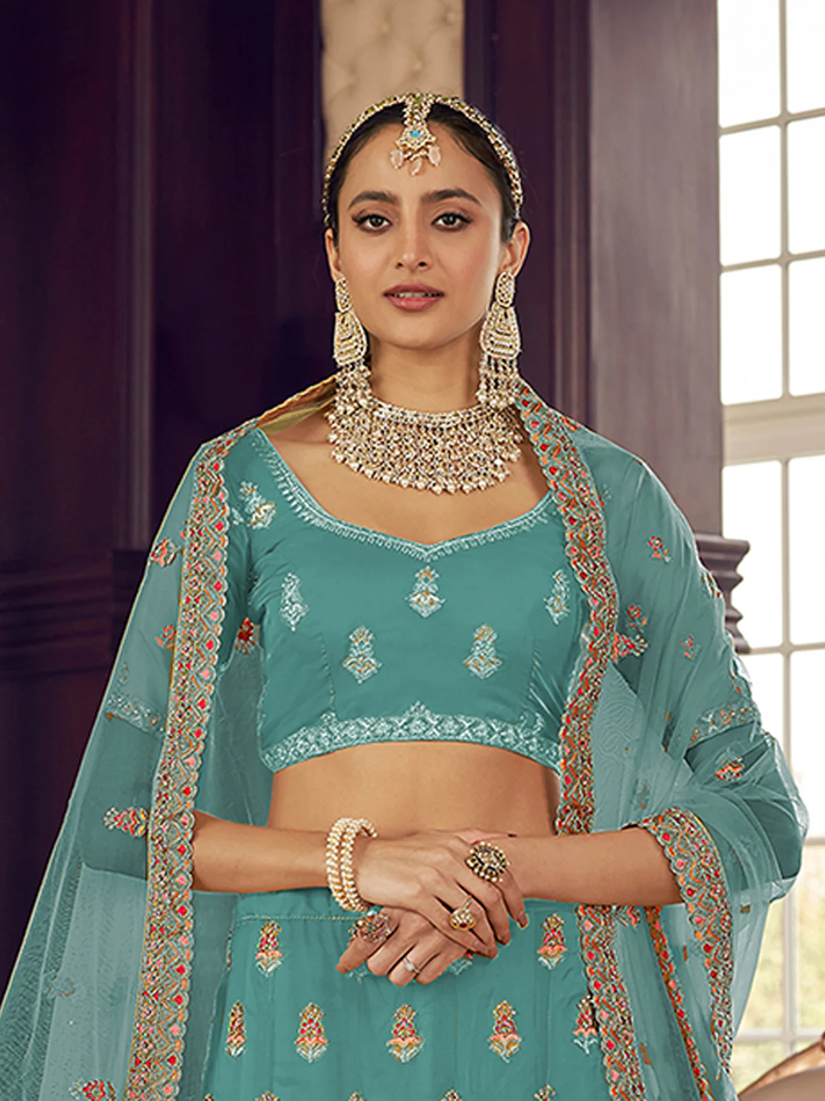 Odette Women Light Blue Embroidered Organza Semi Stitched Lehenga With Unstitched Blouse - Image 2