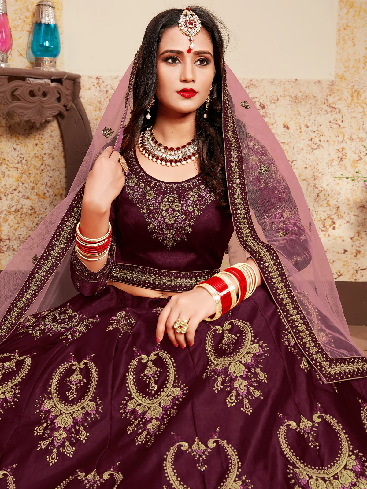 Odette Women Soft Net Maroon Semi Stitched Lehenga With Unstitched Blouse - Image 3
