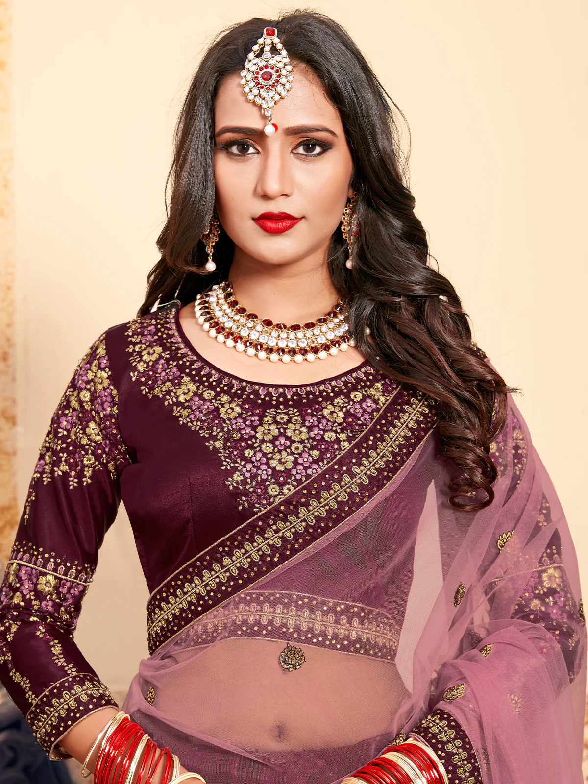 Odette Women Soft Net Maroon Semi Stitched Lehenga With Unstitched Blouse - Image 4