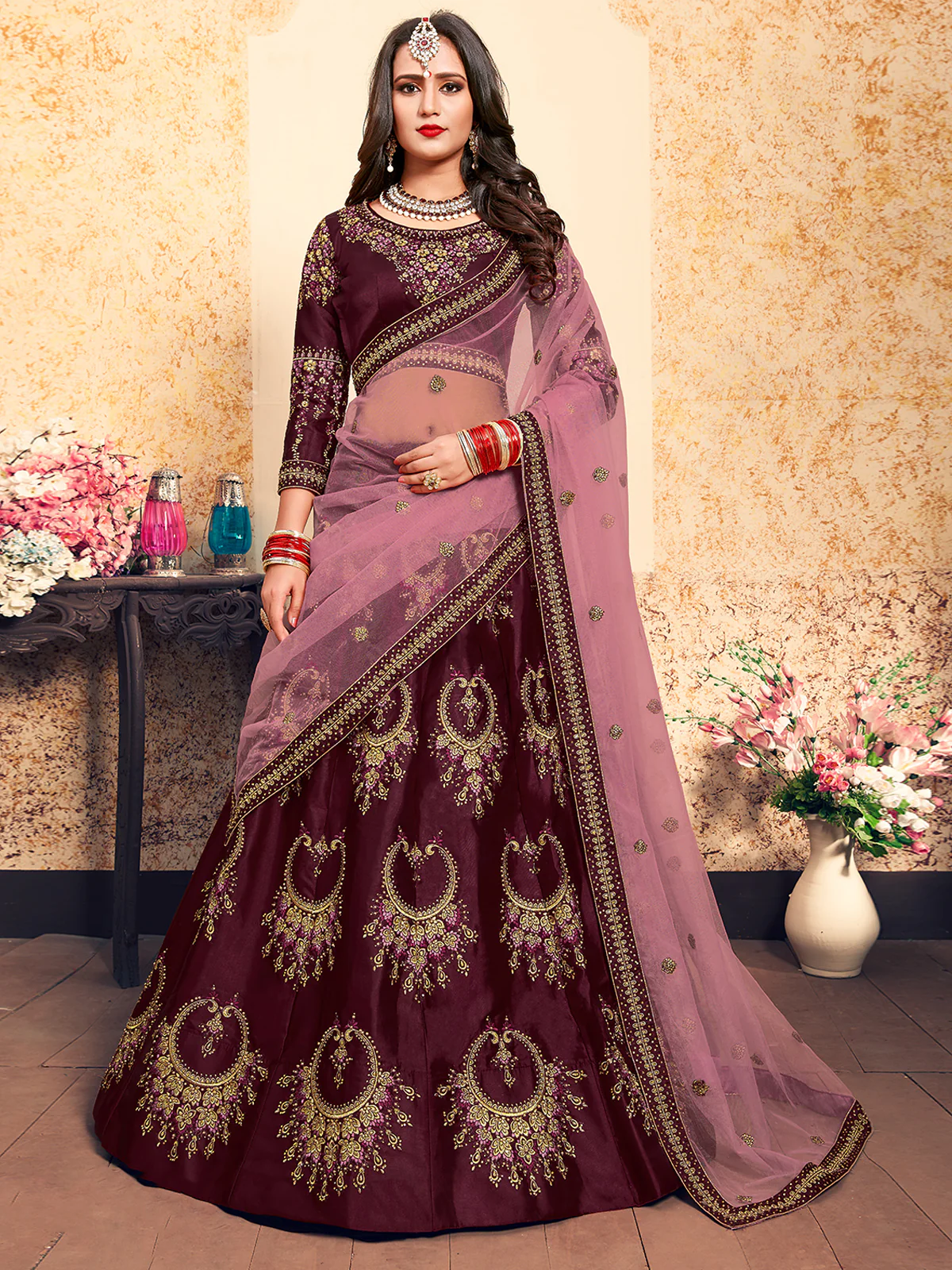Odette Women Soft Net Maroon Semi Stitched Lehenga With Unstitched Blouse - Image 5