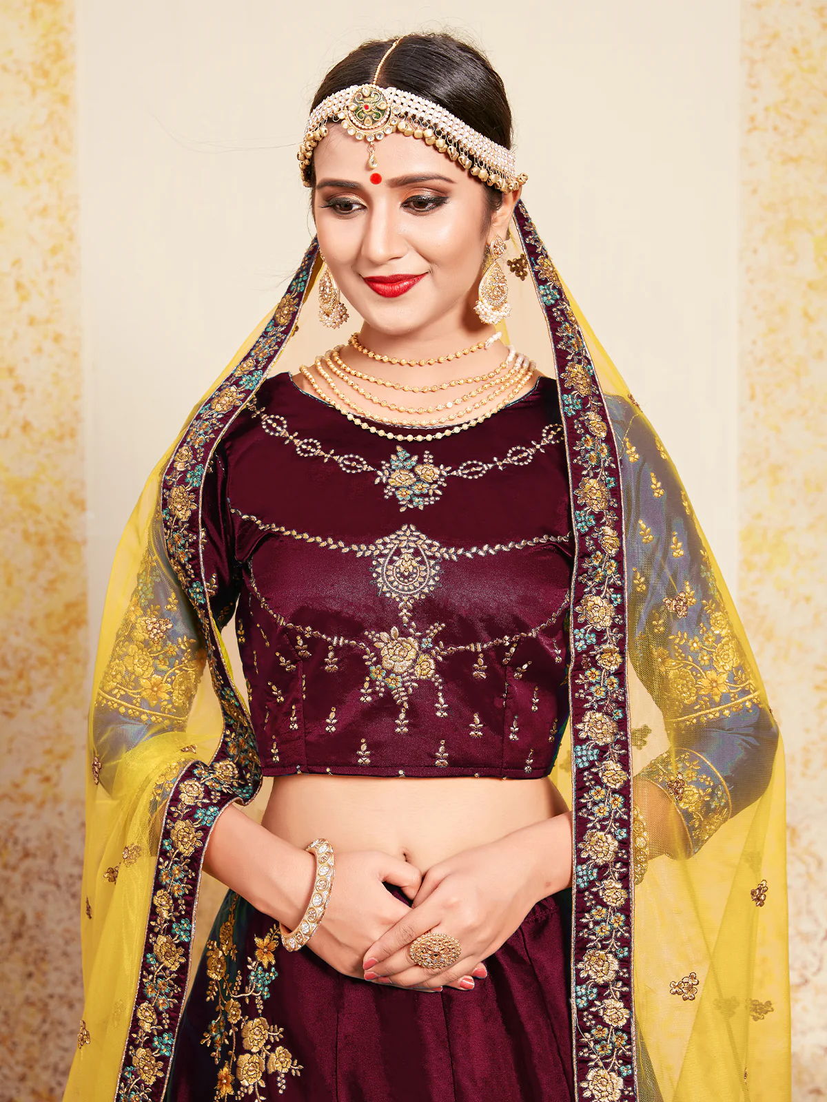 Odette Women Soft Net Maroon Semi Stitched Lehenga With Unstitched Blouse - Image 2