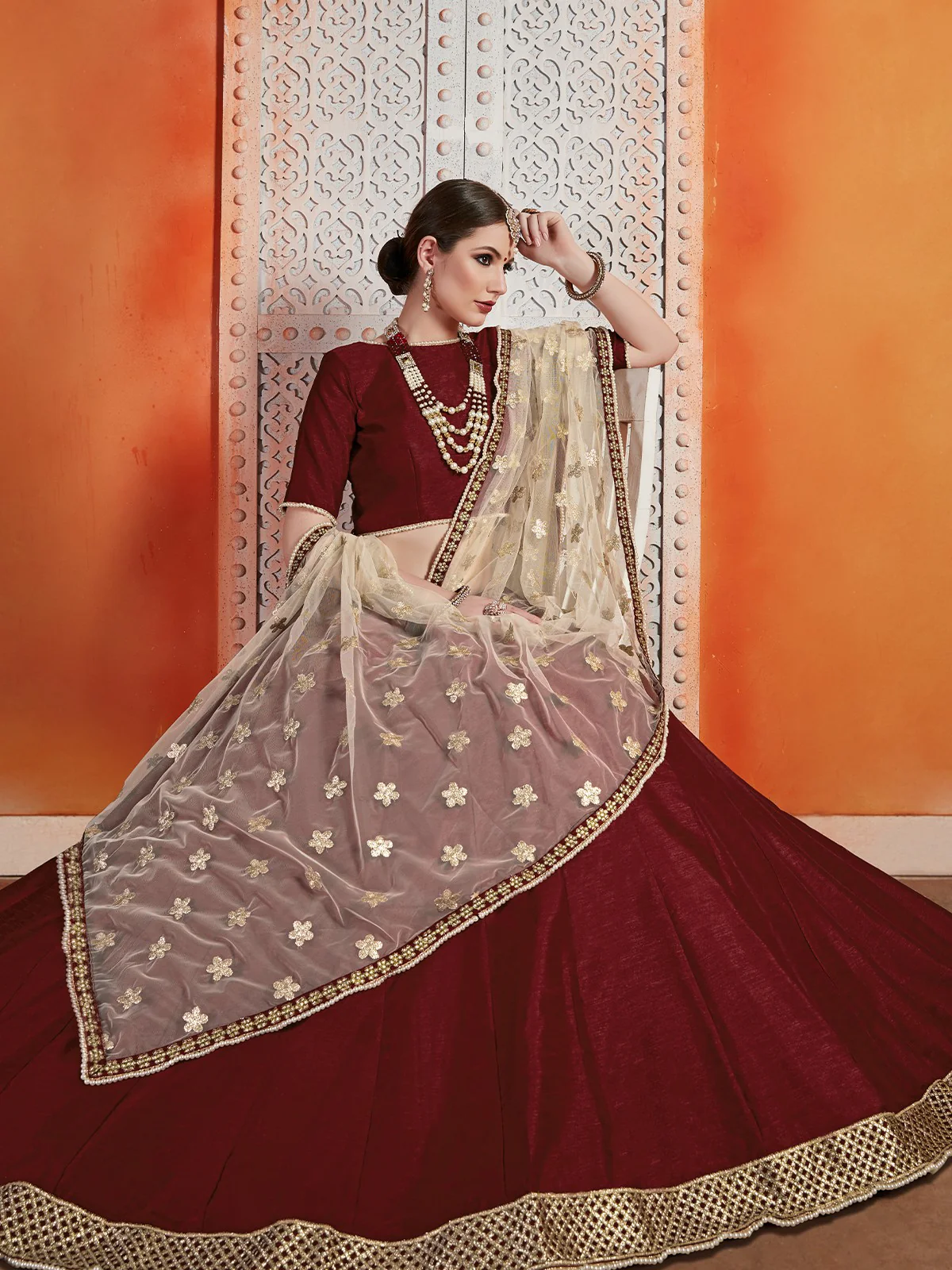 Odette Women Art Silk Maroon Semi Stitched Lehenga With Unstitched Blouse - Image 2
