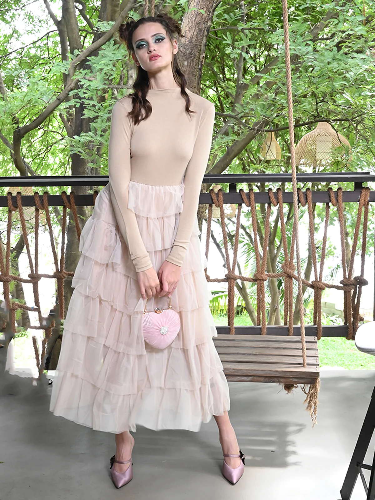 Odette Women Solid Beige Cotton Jersey And Net Dress - Image 2