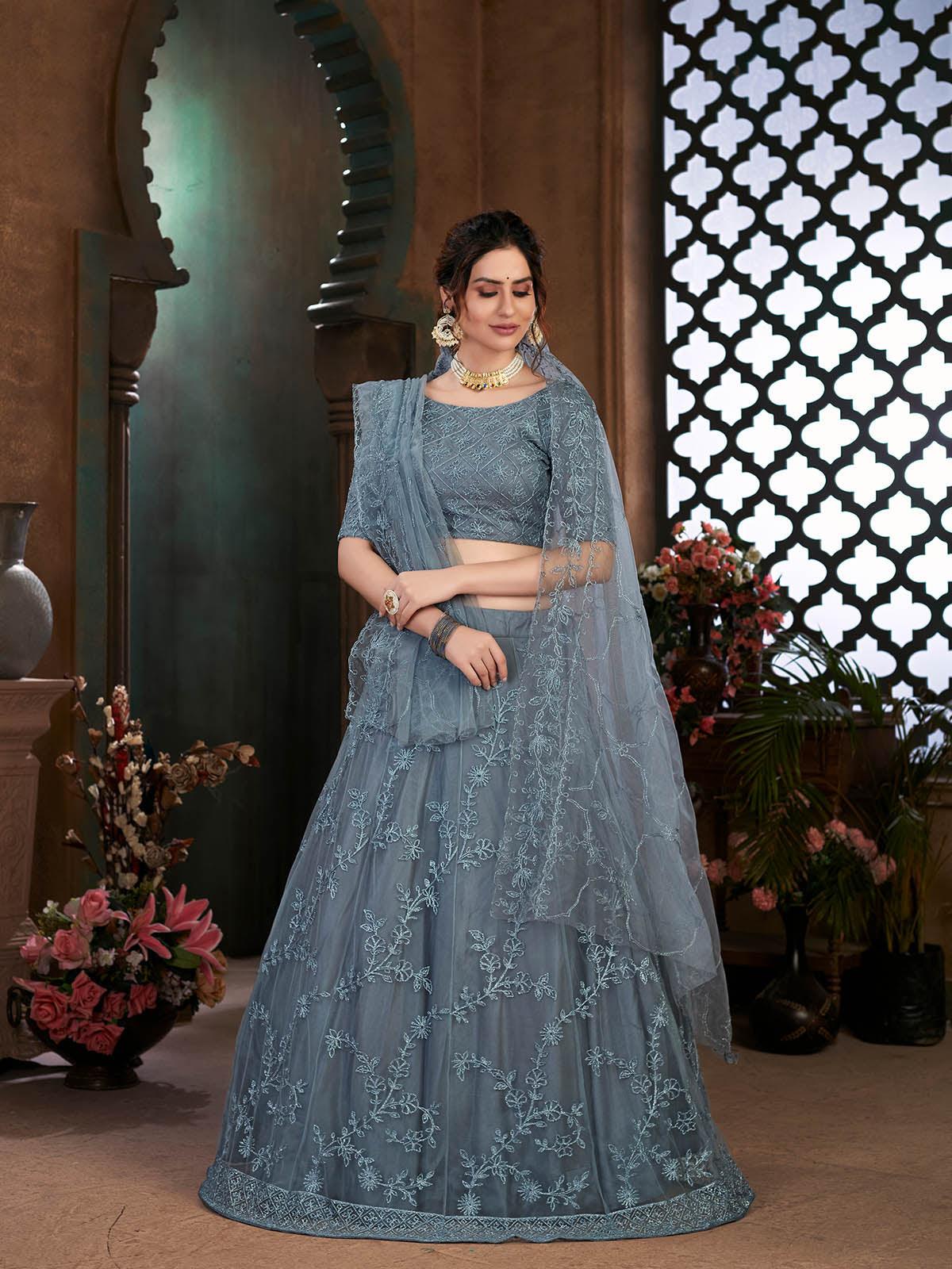 Odette Women Striking Grey Net Semi Stitched Lehenga With  Unstitched Blouse - Image 3