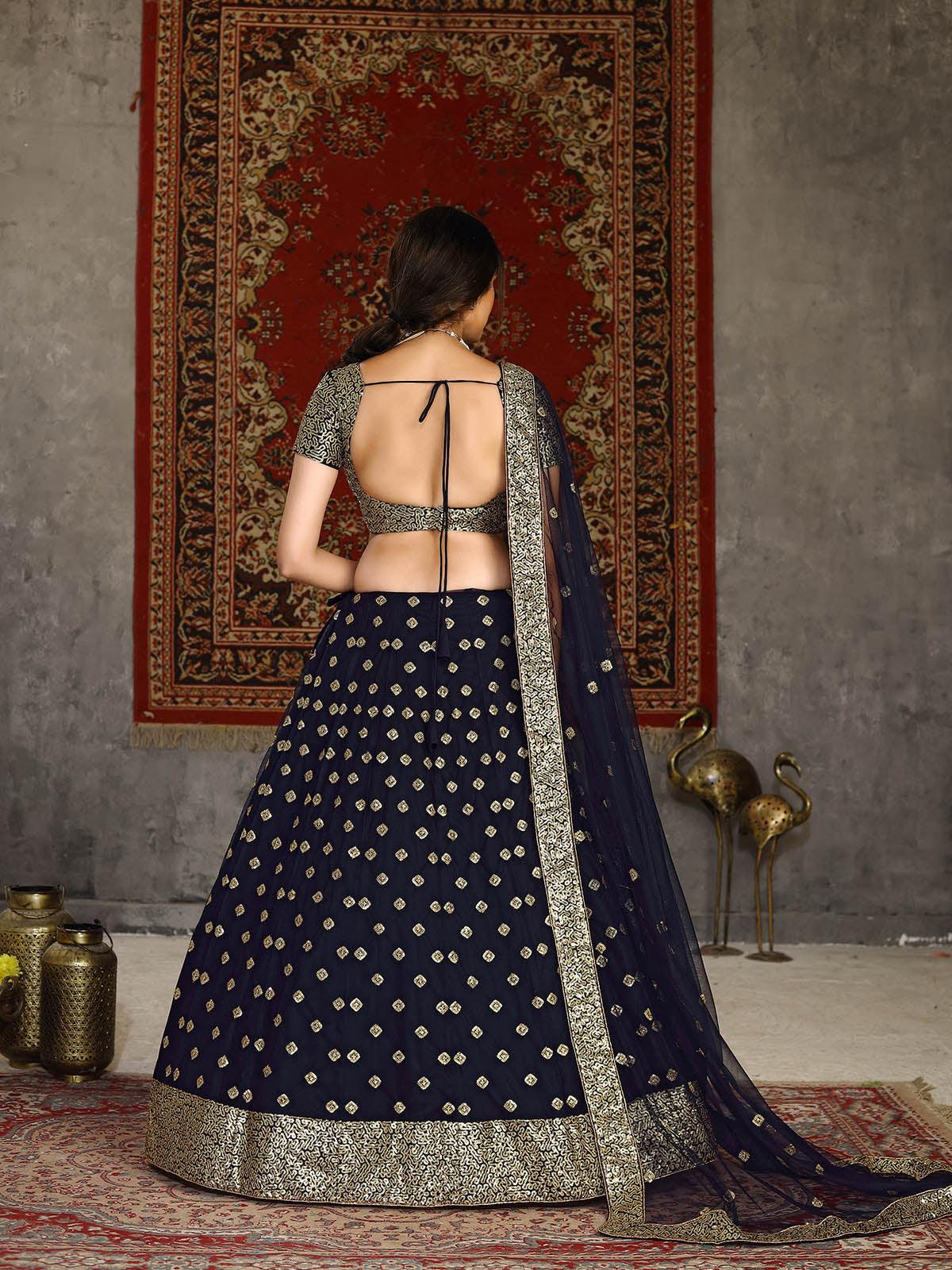 Odette Women Striking Navy Blue Net Semi Stitched Lehenga With  Unstitched Blouse - Image 3