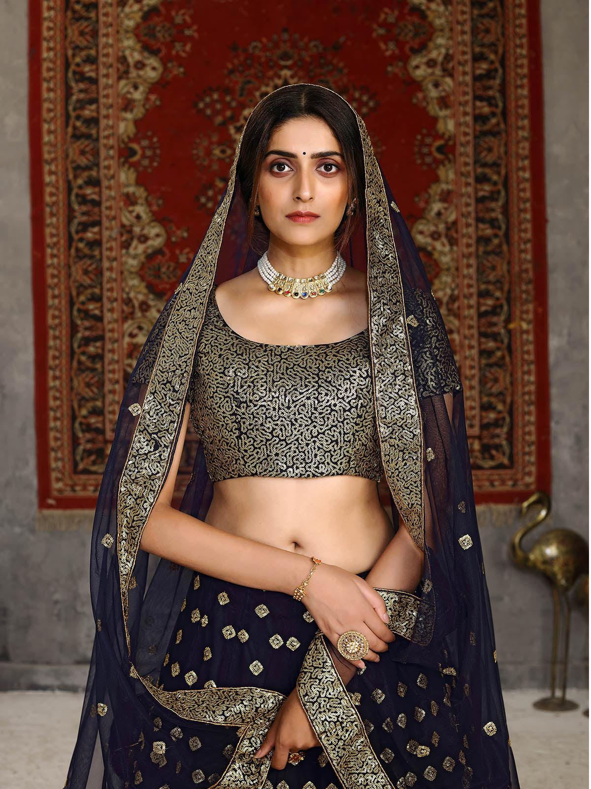 Odette Women Striking Navy Blue Net Semi Stitched Lehenga With  Unstitched Blouse - Image 4