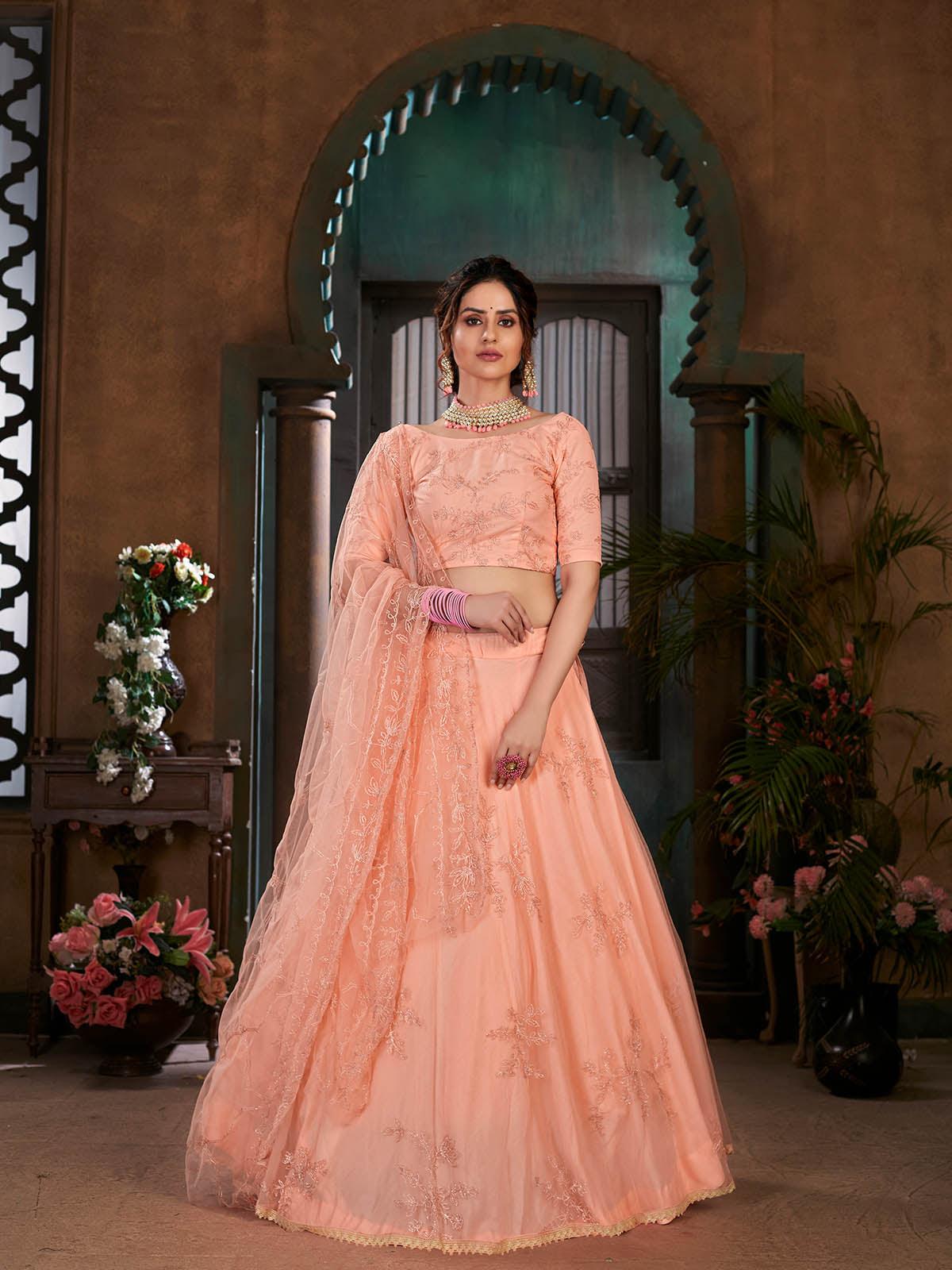 Odette Women Striking Peach Net Semi Stitched Lehenga With  Unstitched Blouse - Image 5