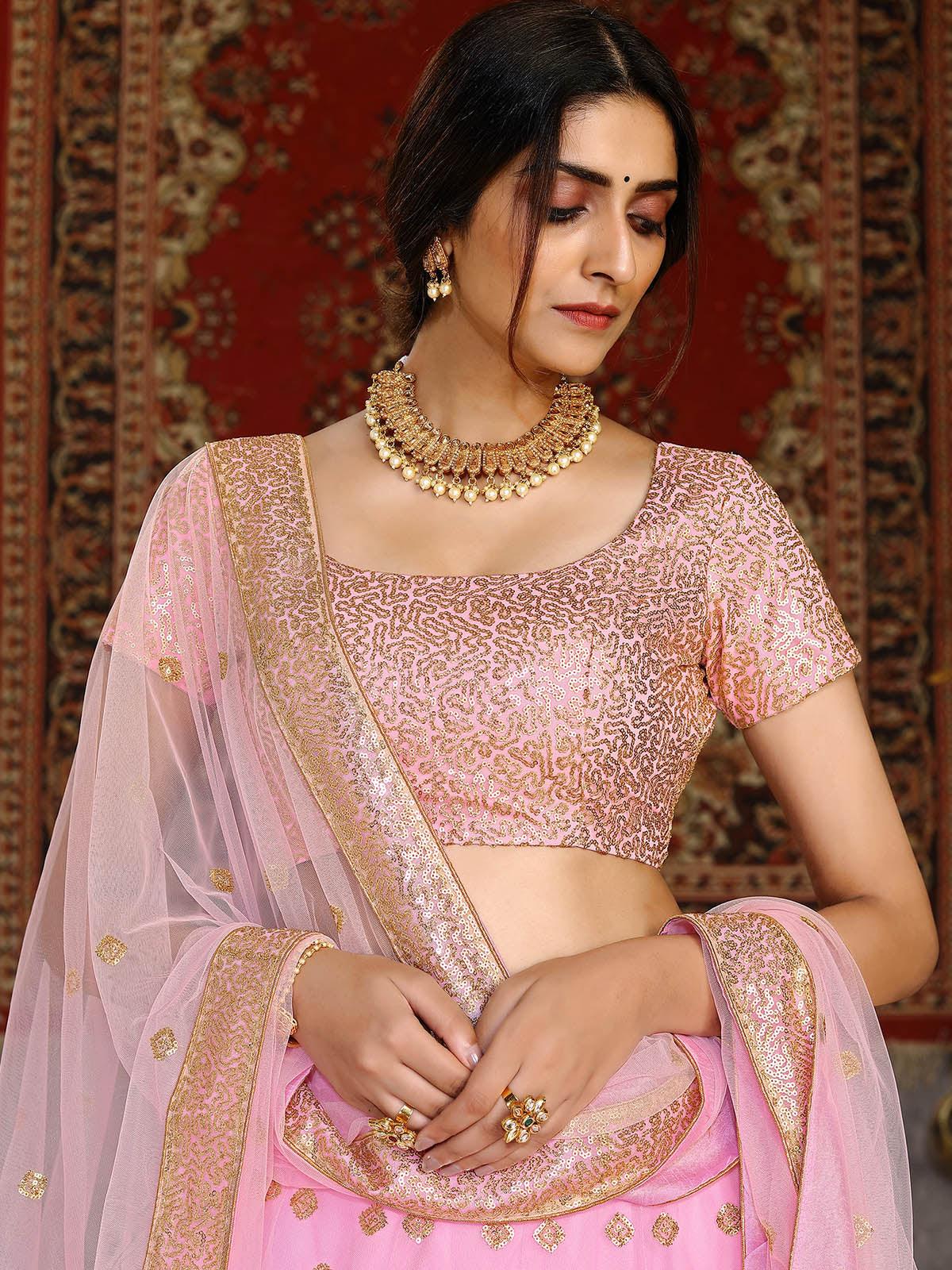 Odette Women Striking Pink Net Semi Stitched Lehenga With  Unstitched Blouse - Image 3
