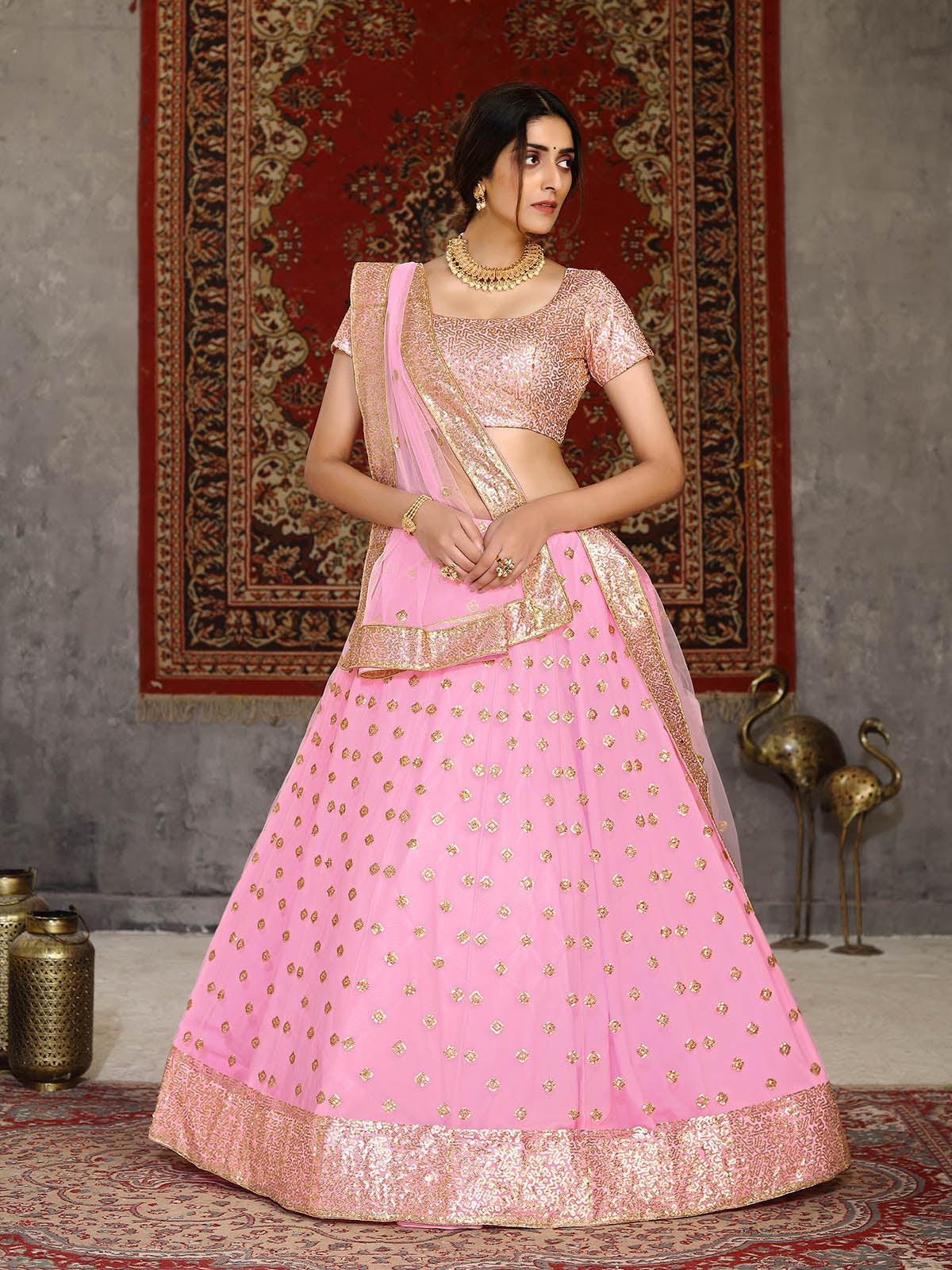 Odette Women Striking Pink Net Semi Stitched Lehenga With  Unstitched Blouse - Image 4