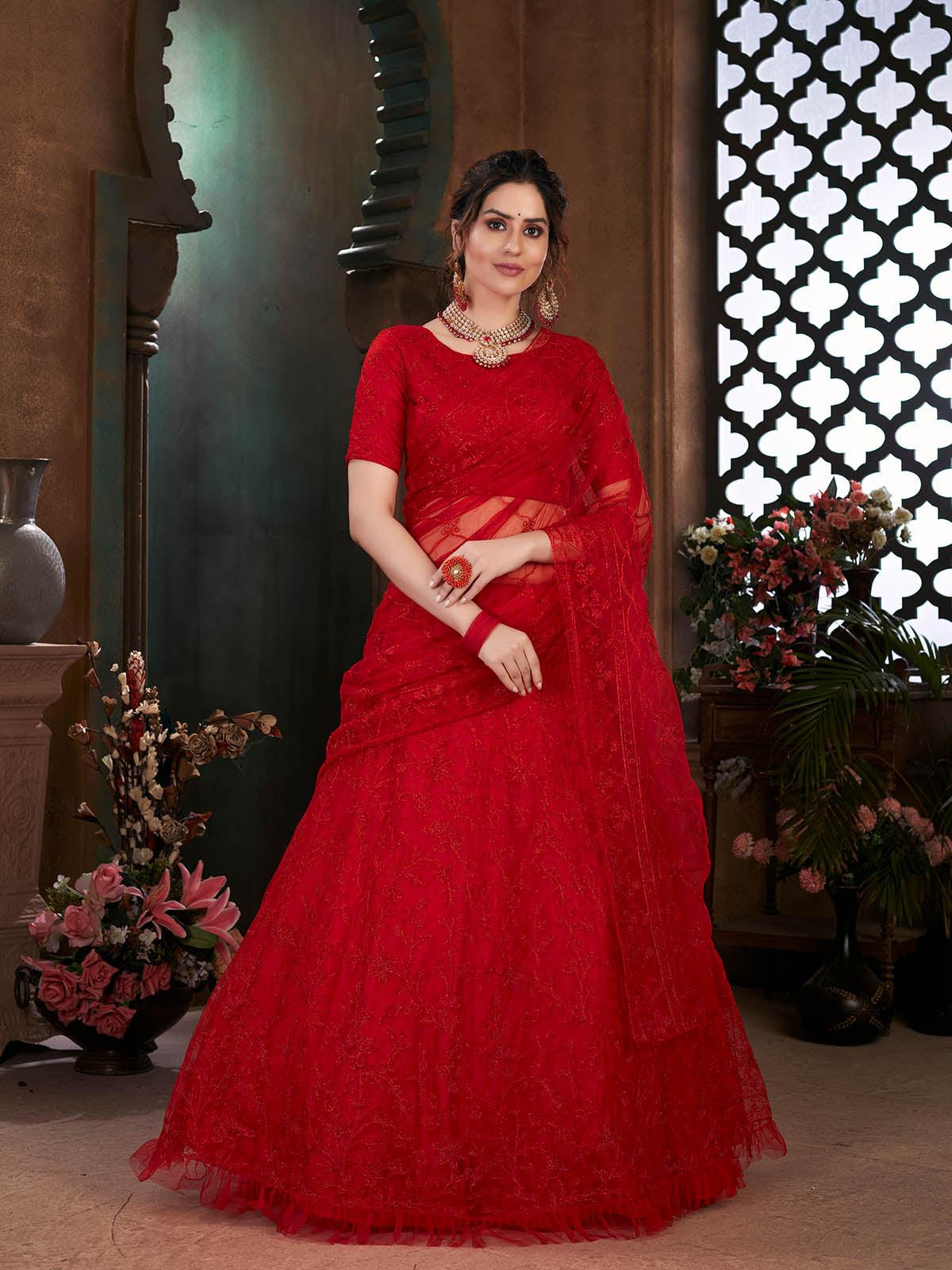 Odette Women Striking Red Net Semi Stitched Lehenga With  Unstitched Blouse - Image 4