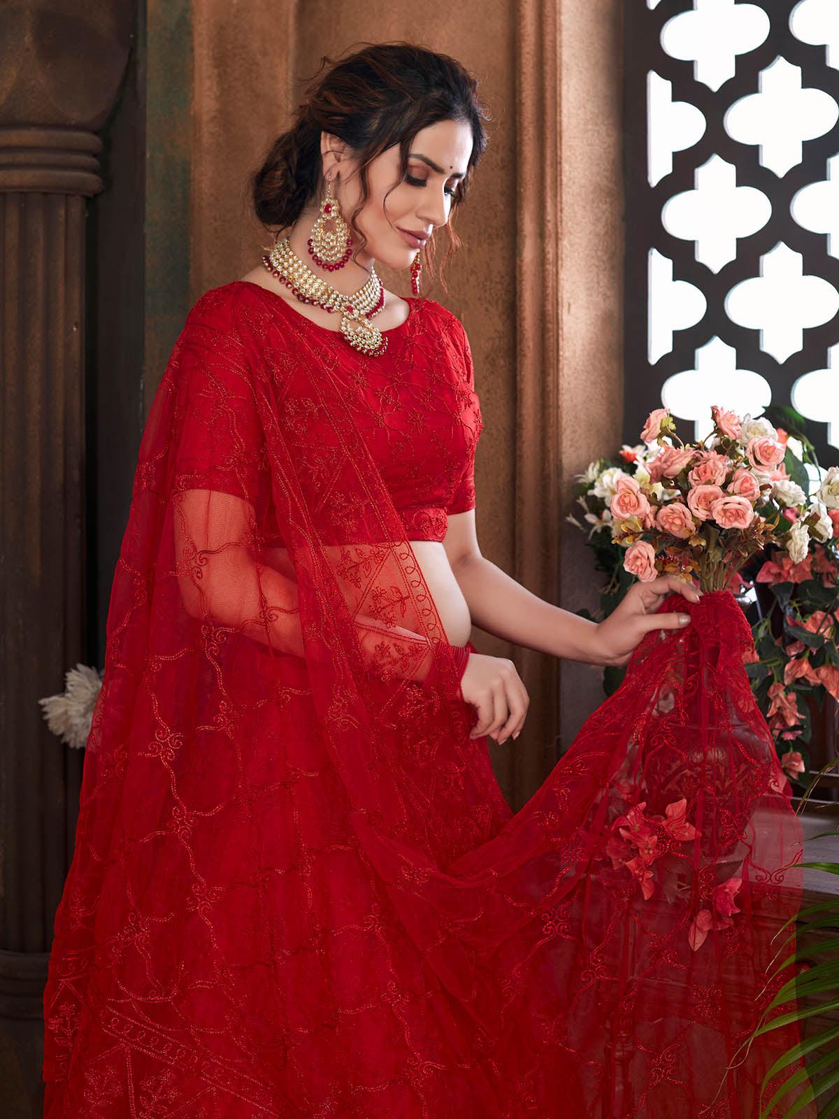 Odette Women Striking Red Net Semi Stitched Lehenga With  Unstitched Blouse - Image 5