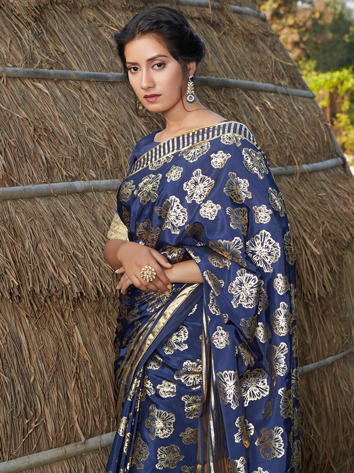 Odette Women Stunning Dark Blue Silk Saree With Unstitched Blouse - Image 2