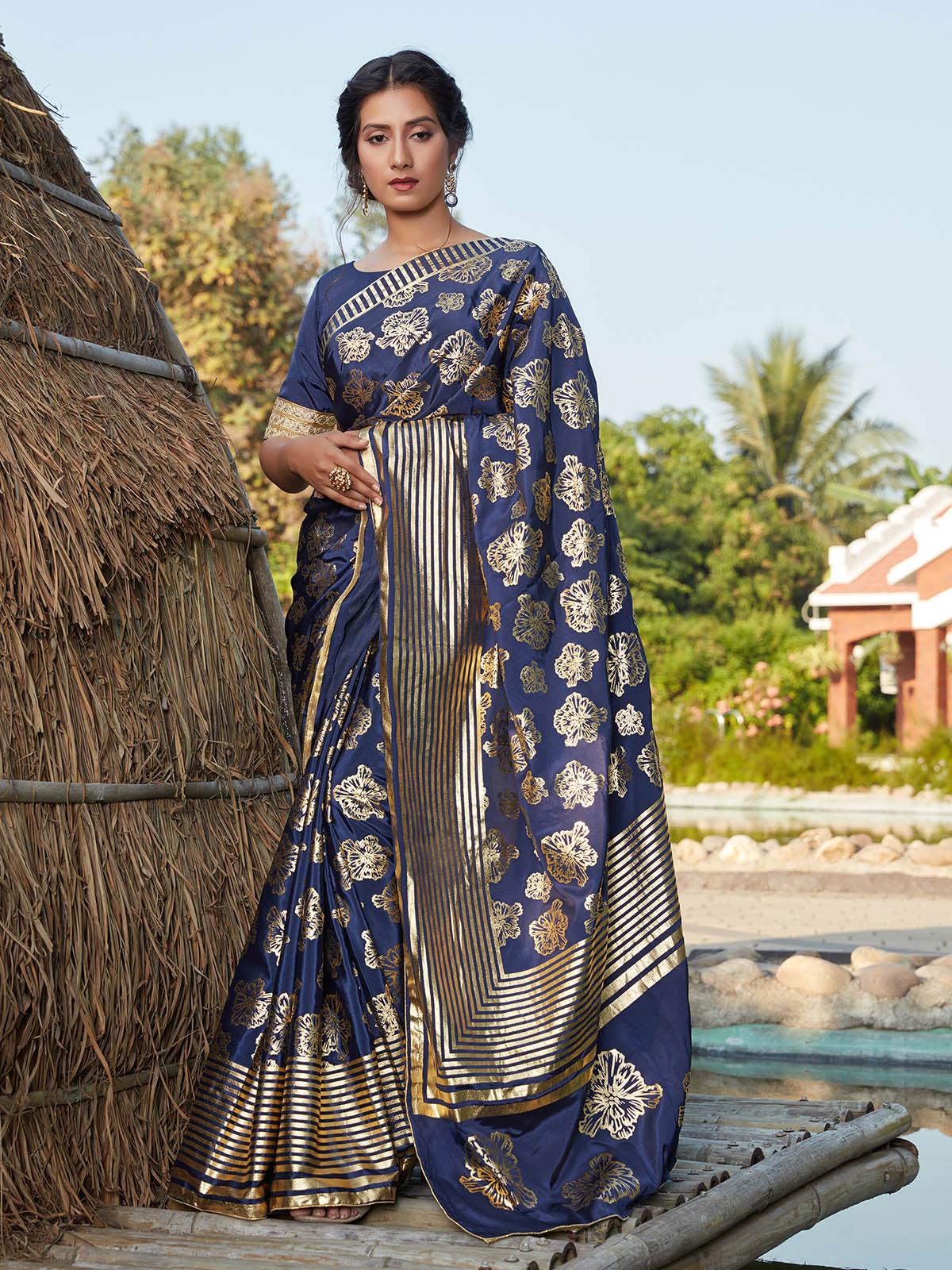 Odette Women Stunning Dark Blue Silk Saree With Unstitched Blouse - Image 3