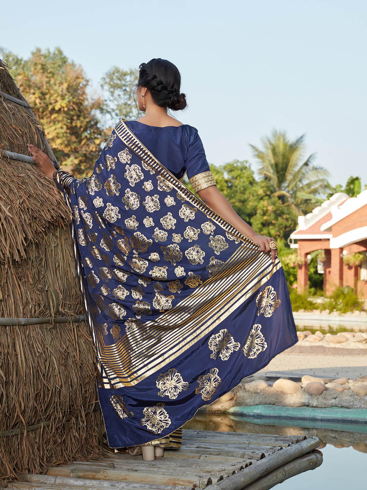 Odette Women Stunning Dark Blue Silk Saree With Unstitched Blouse - Image 4
