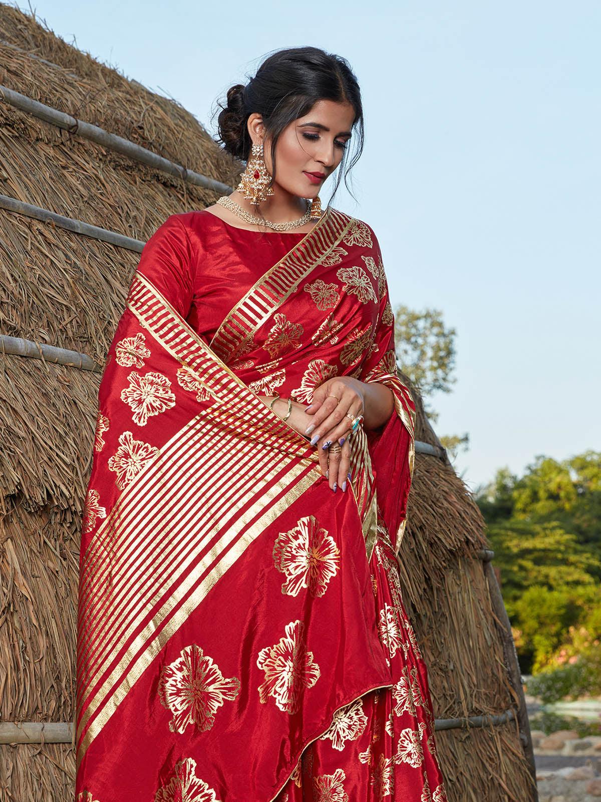 Odette Women Stunning Red Silk Saree With Unstitched Blouse - Image 2
