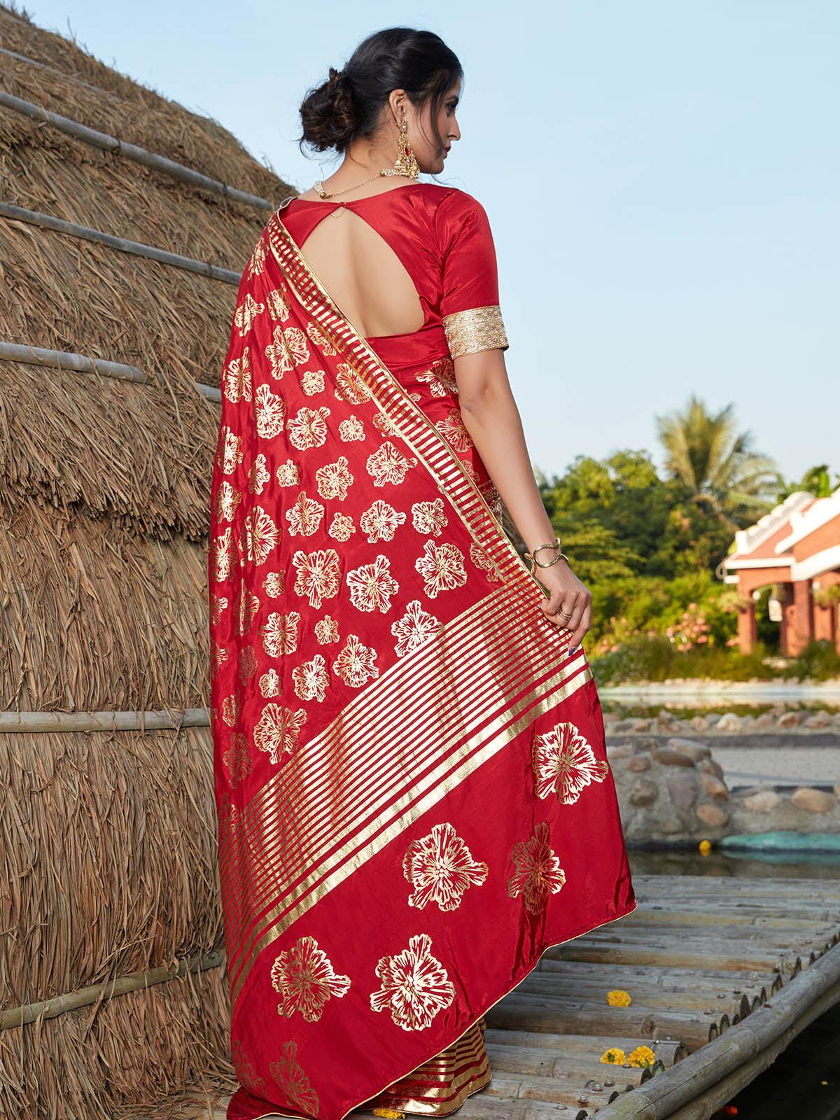 Odette Women Stunning Red Silk Saree With Unstitched Blouse - Image 4
