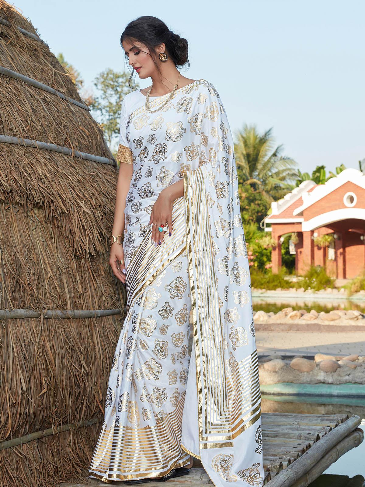 Odette Women Stunning White Silk Saree With Unstitched Blouse - Image 3