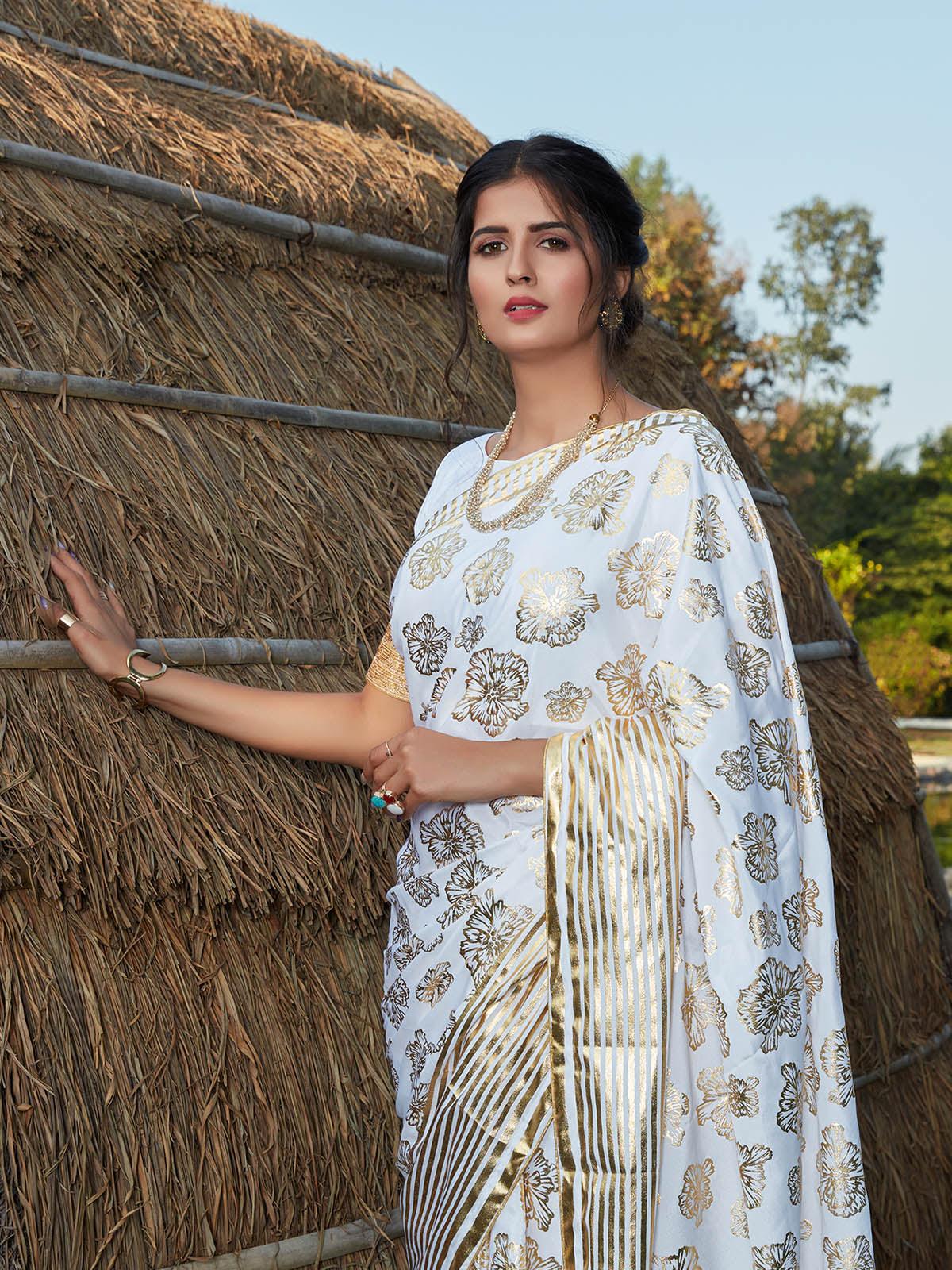 Odette Women Stunning White Silk Saree With Unstitched Blouse - Image 4