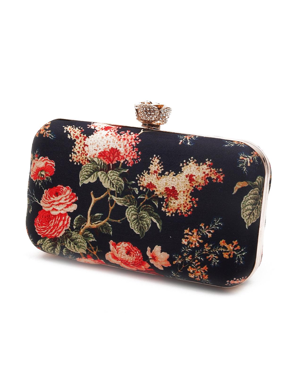 Odette Women Stunner Navy Blue Floral Printed Clutch - Image 4