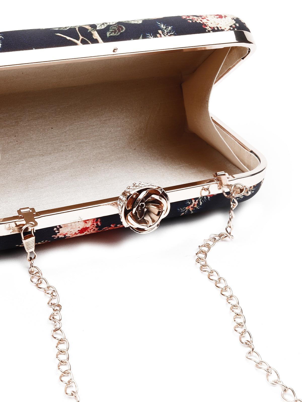 Odette Women Stunner Navy Blue Floral Printed Clutch - Image 6