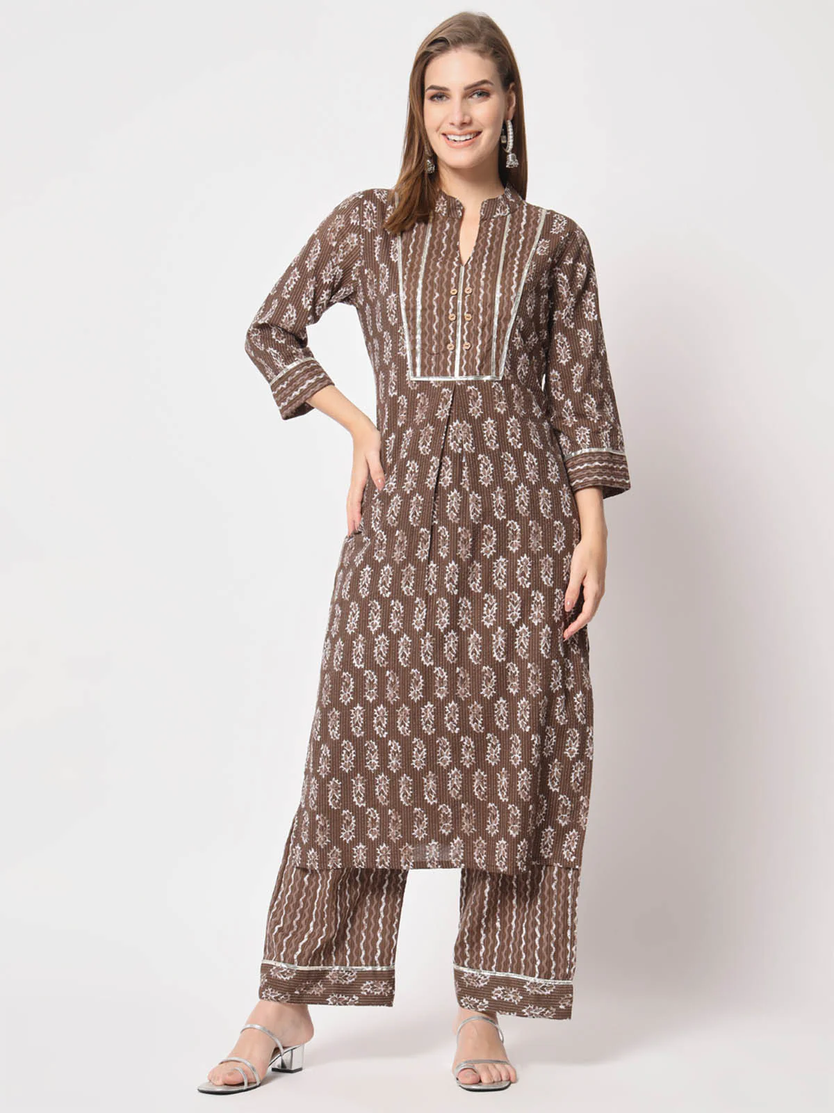Odette Women Stunning Brown Cotton Printed Stitched Kurta Set - Image 2
