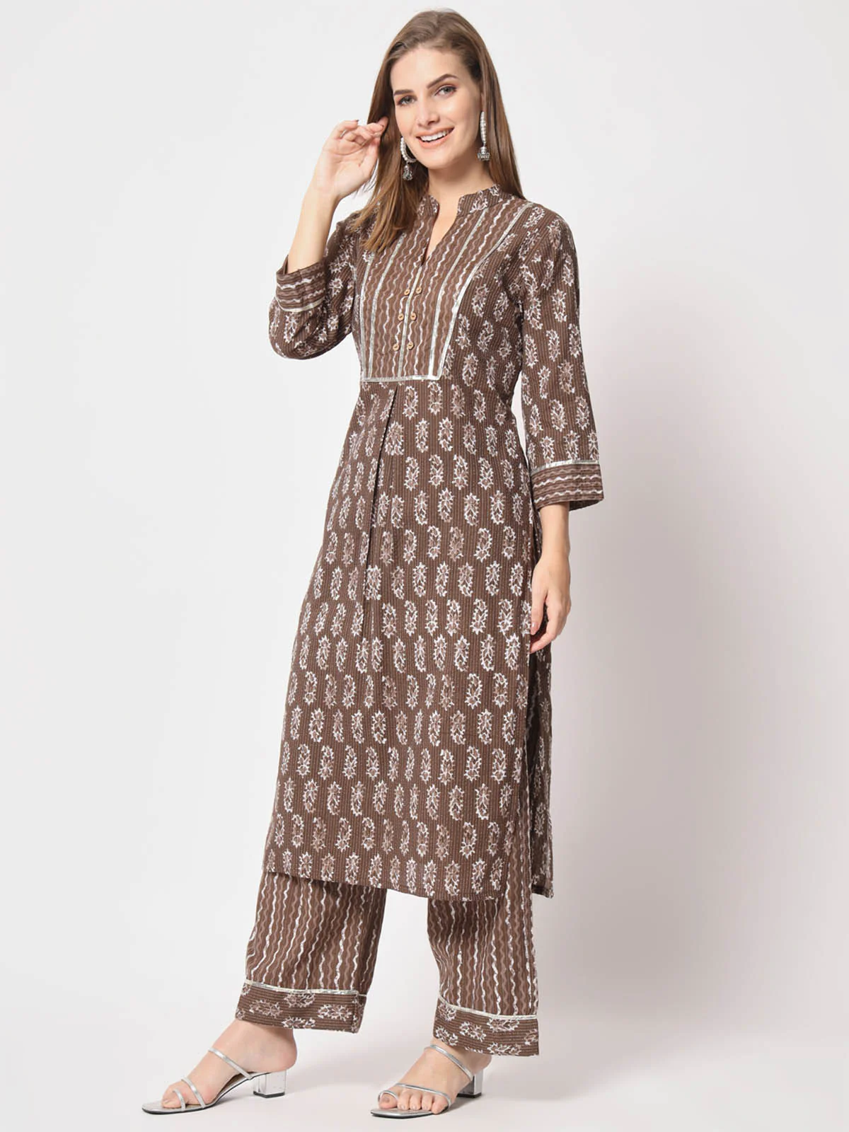 Odette Women Stunning Brown Cotton Printed Stitched Kurta Set - Image 3
