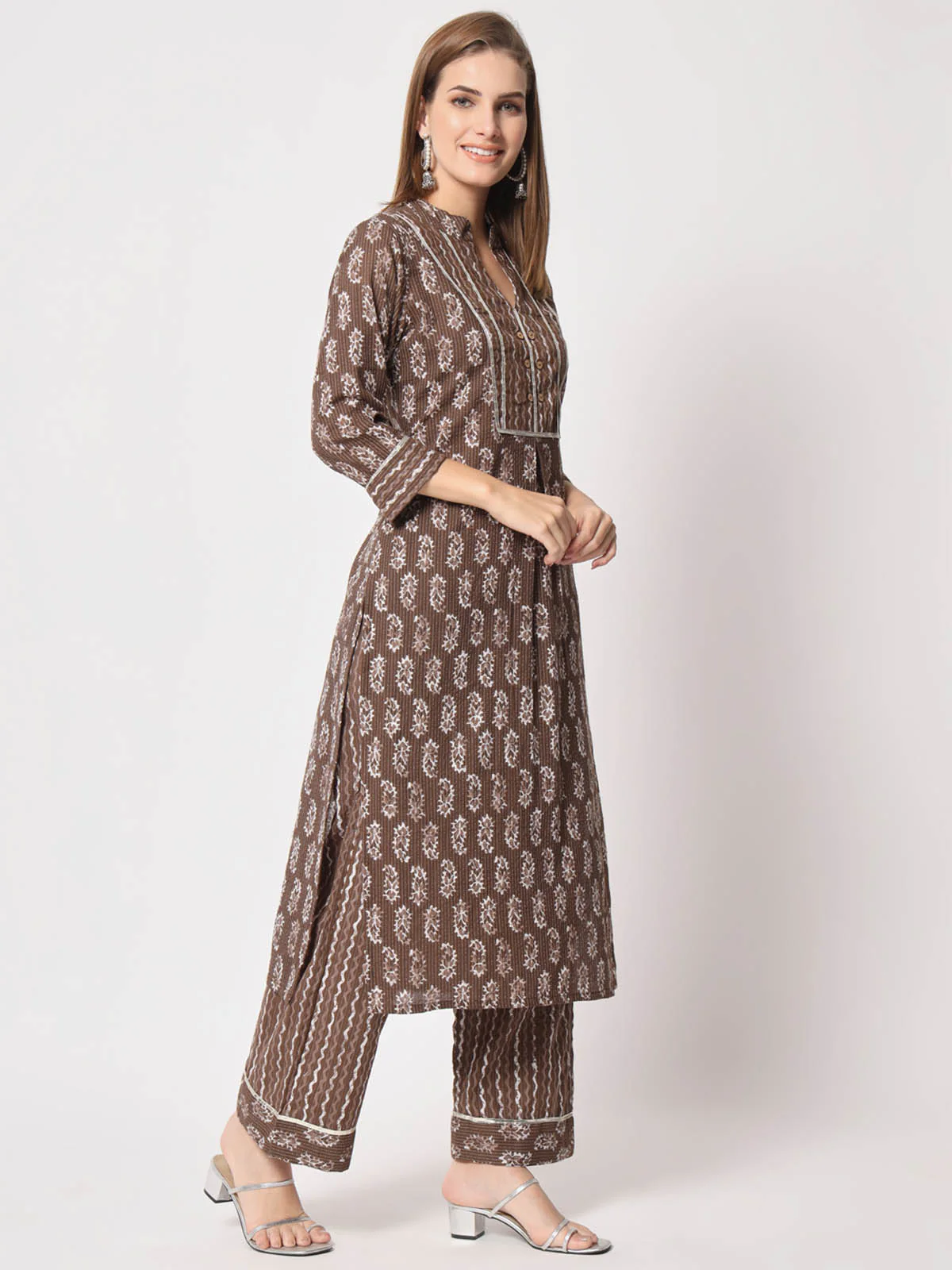 Odette Women Stunning Brown Cotton Printed Stitched Kurta Set - Image 4