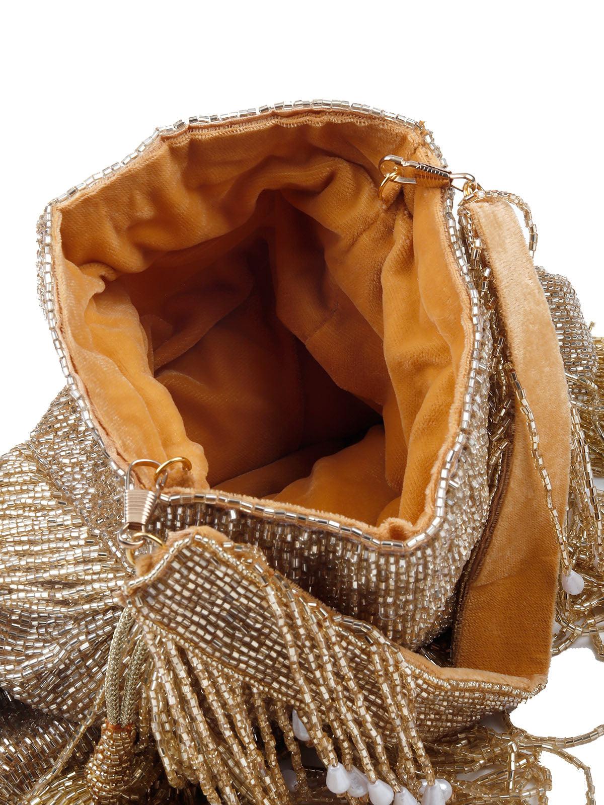 Odette Stunning Gold Fringes Beaded Potli Bag For Women - Image 6